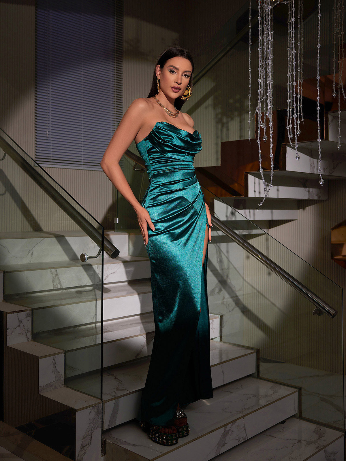 Olive Strapless Satin Split Maxi Dress