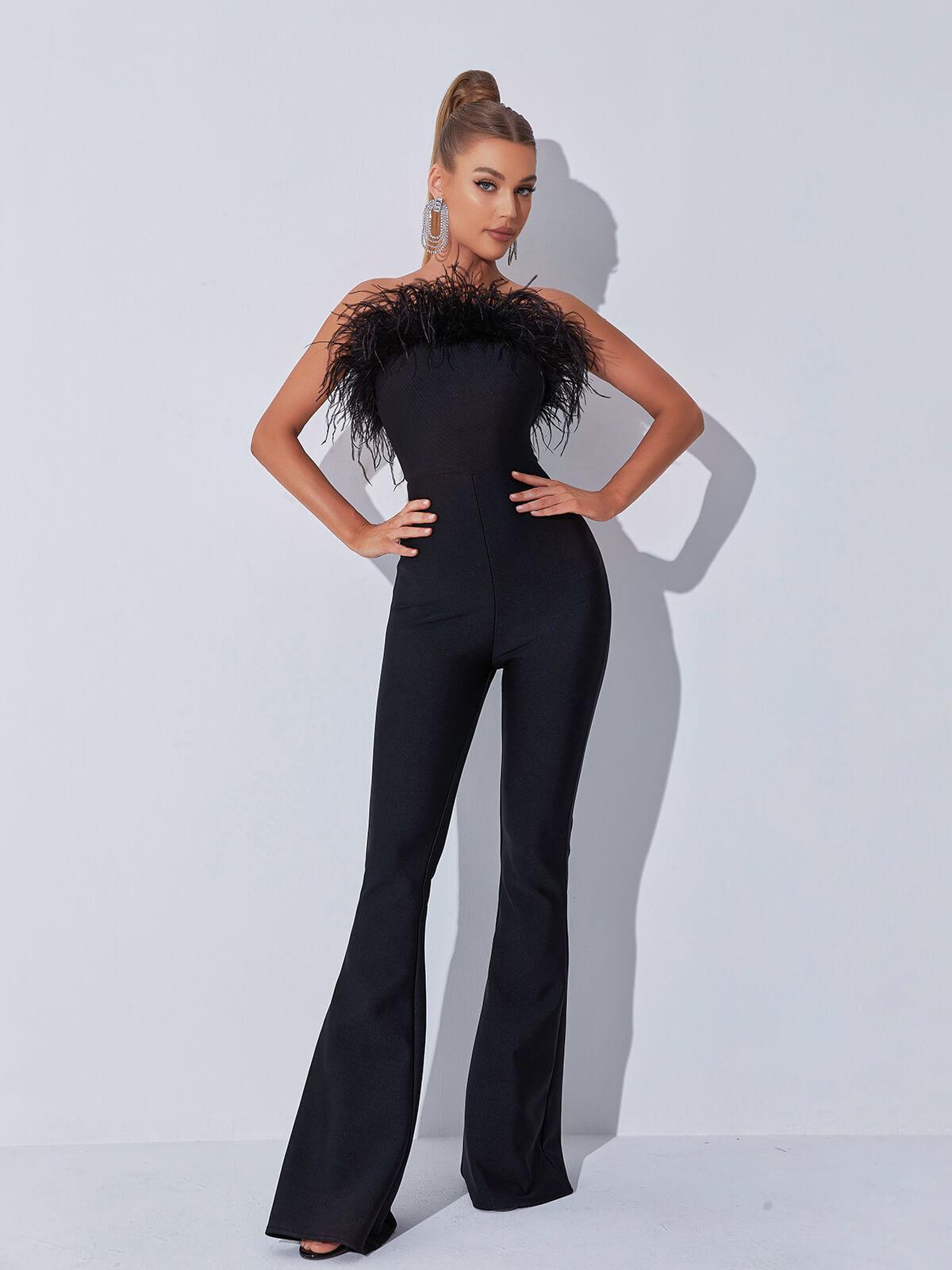 Padma Bandeau Feather Bandage Jumpsuit In Black - Mew Mews Fashion