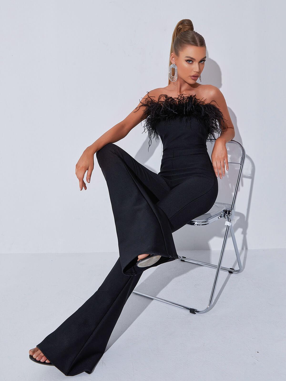 Padma Bandeau Feather Bandage Jumpsuit In Black - Mew Mews Fashion