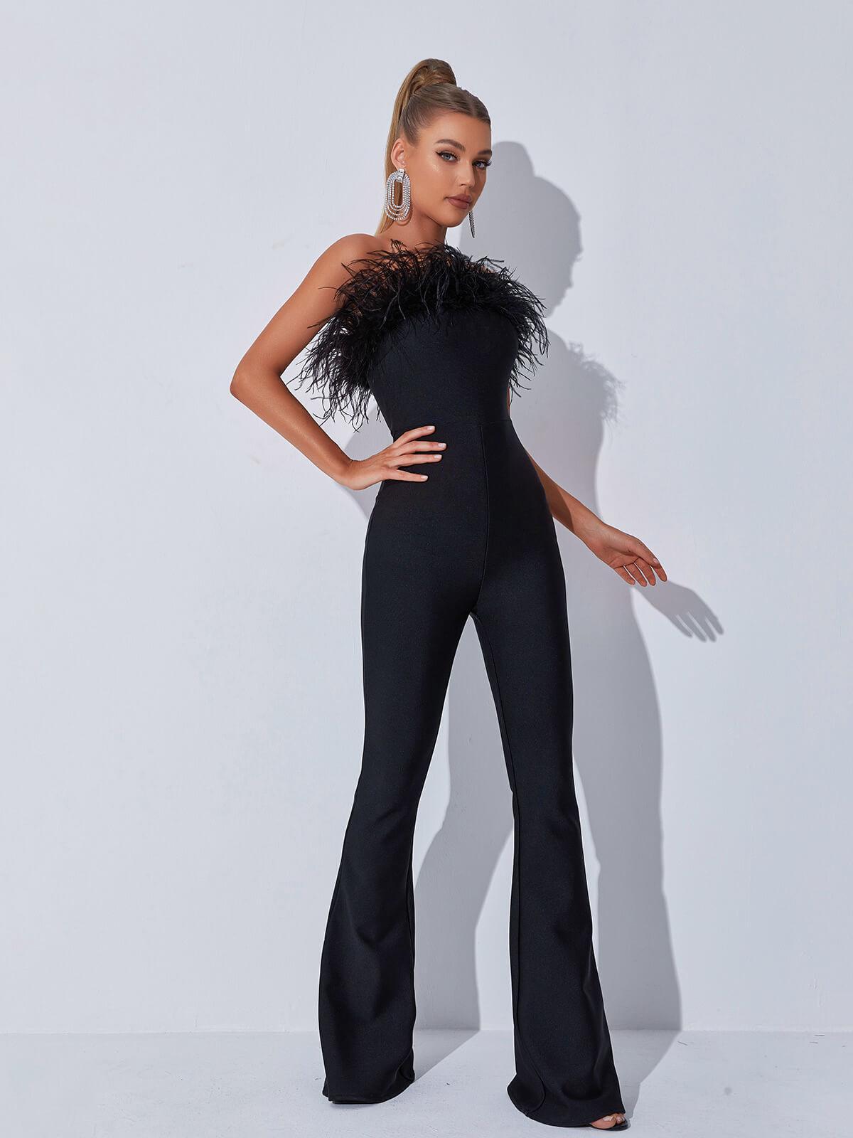 Padma Bandeau Feather Bandage Jumpsuit In Black - Mew Mews Fashion