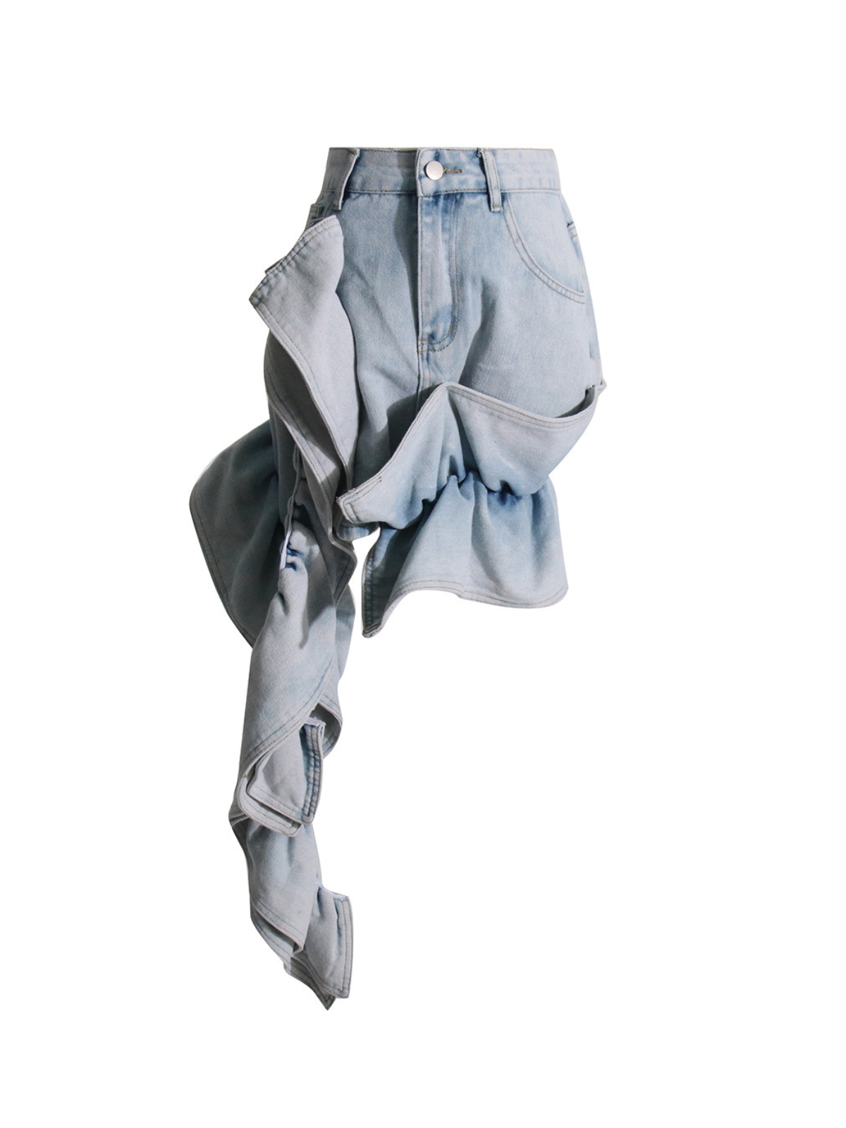 Perdita Patchwork Ruched Ruffle Denim Skirt