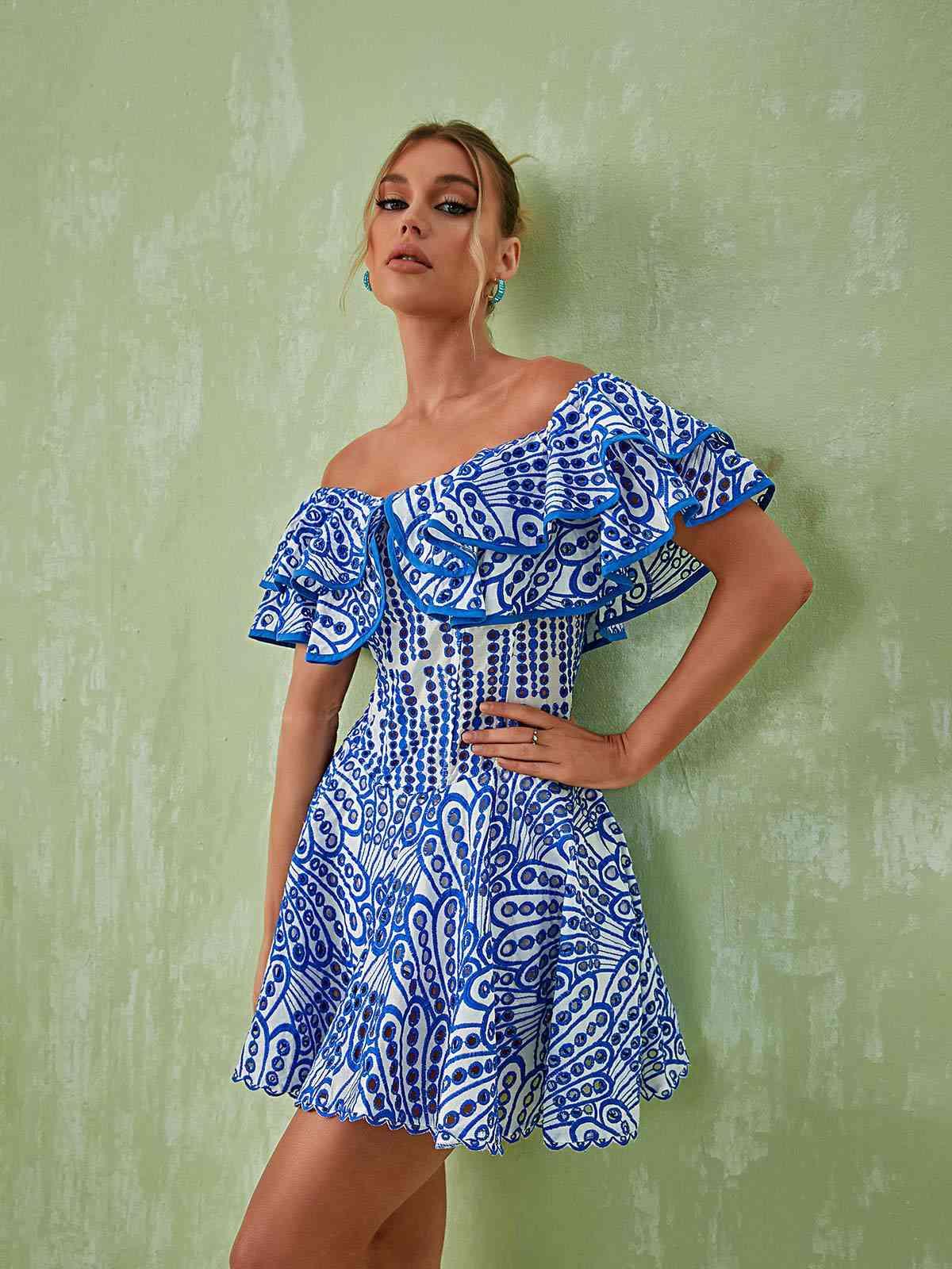 Princess Ruffle Cutout Mini Dress In Blue - Mew Mews Fashion
