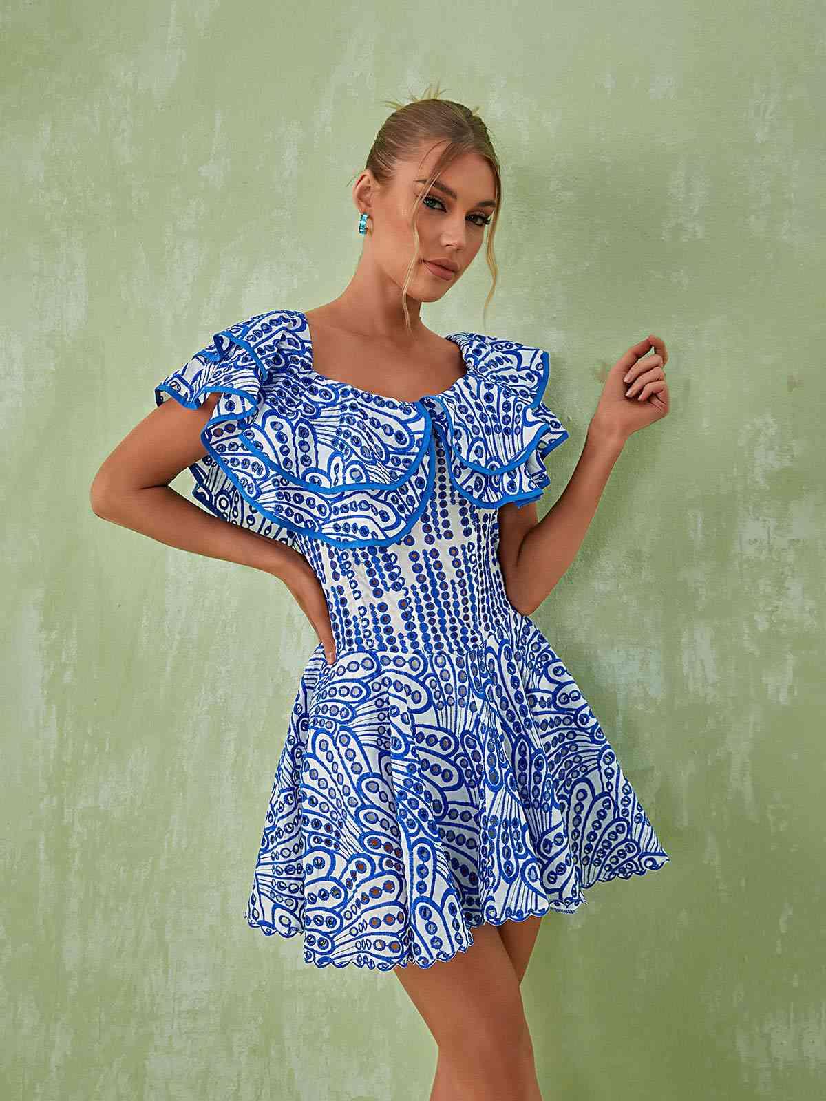 Princess Ruffle Cutout Mini Dress In Blue - Mew Mews Fashion