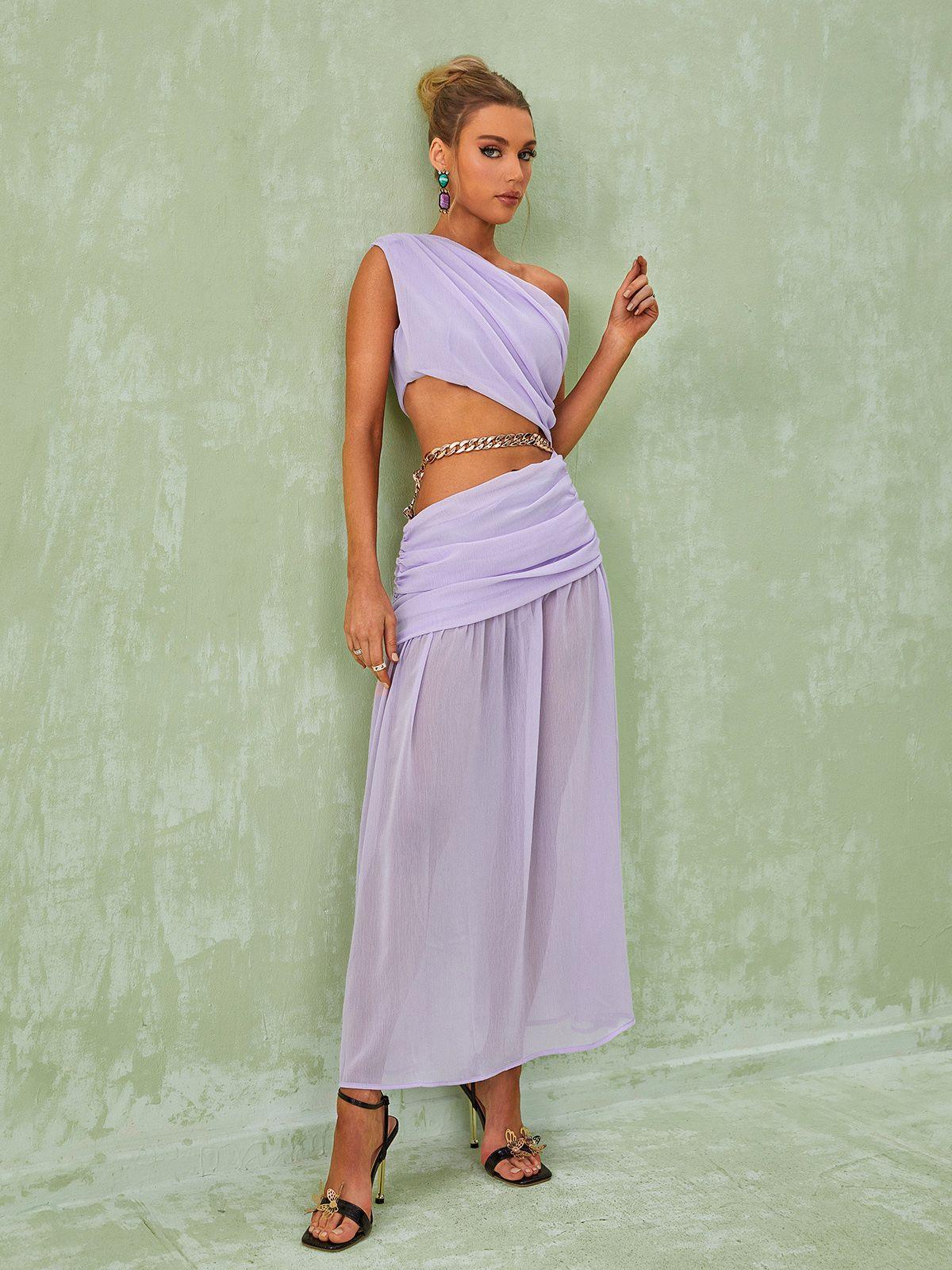 Psyche One Shoulder Chain Maxi Dress In Lavender - Mew Mews Fashion