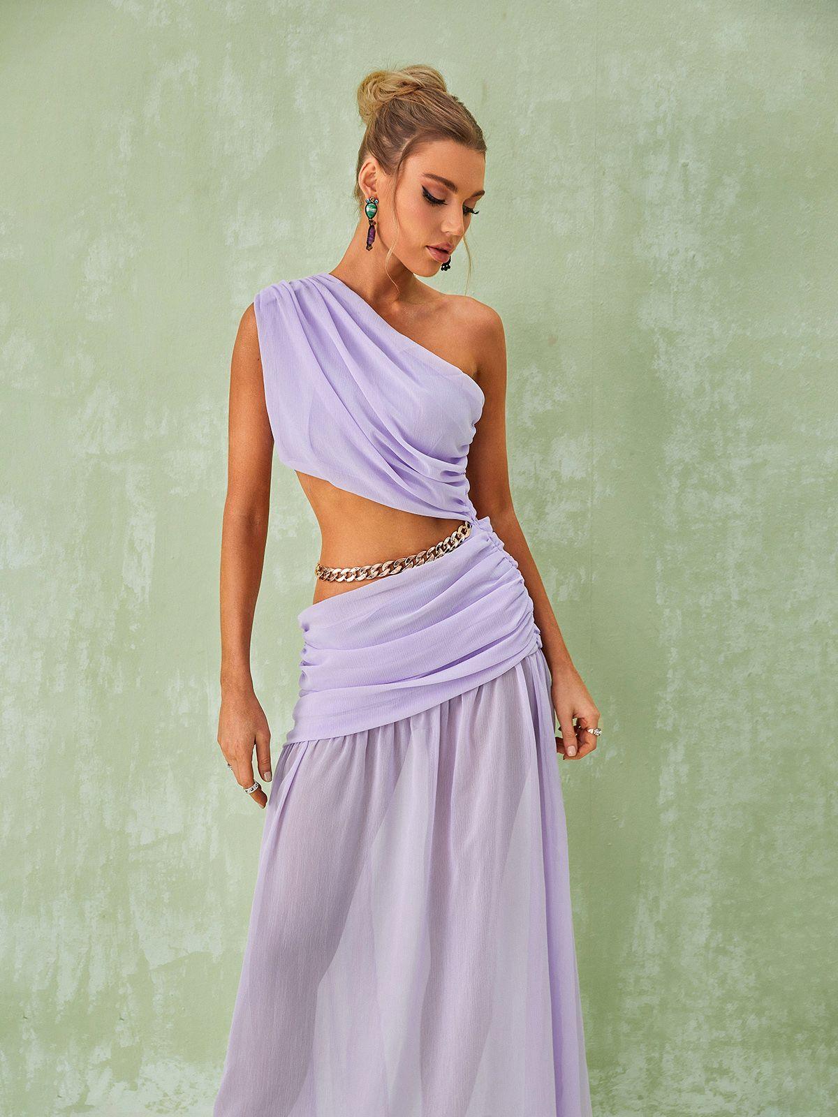 Psyche One Shoulder Chain Maxi Dress In Lavender - Mew Mews Fashion