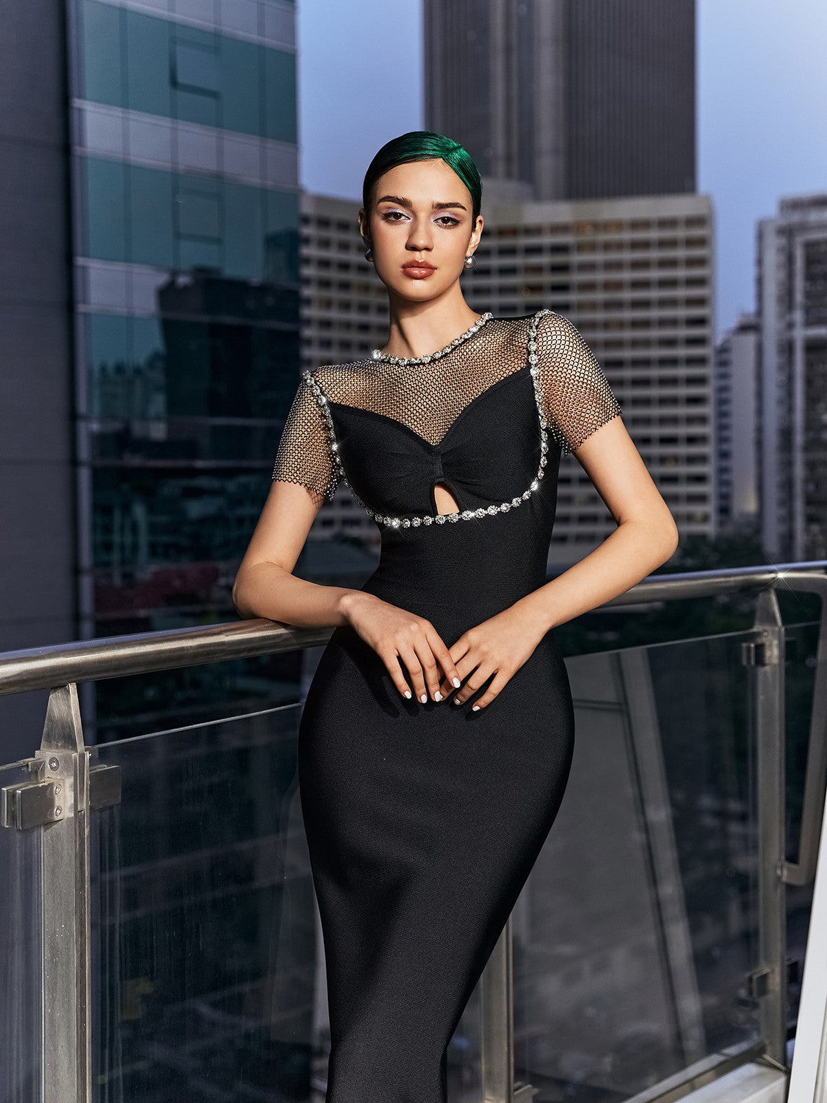 Rainey Crystal Mesh Bandage Midi Dress