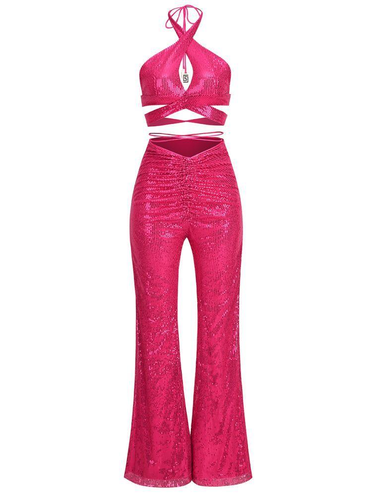 Rhode Halterneck Sequin Set In Hot Pink - Mew Mews Fashion