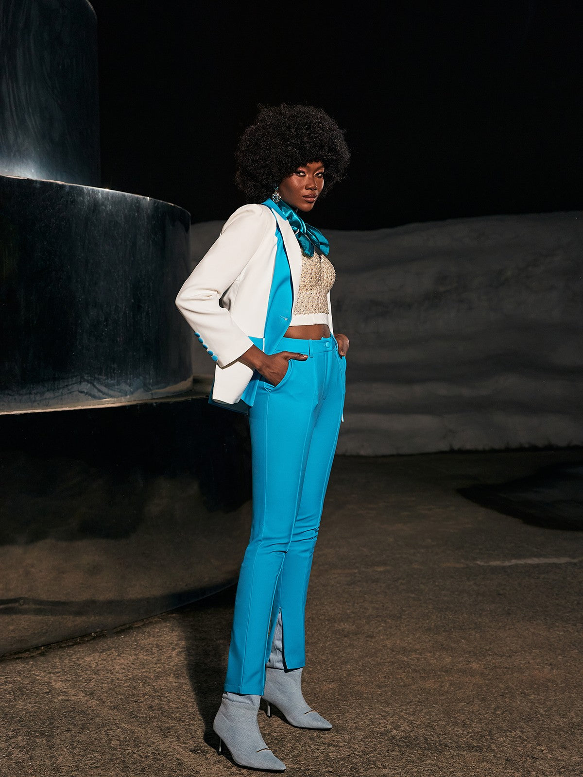 Rita Patchwork Blazer Set In Blue