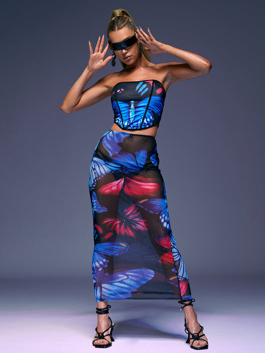 Riya Strapless Butterfly Printed Skirt Set