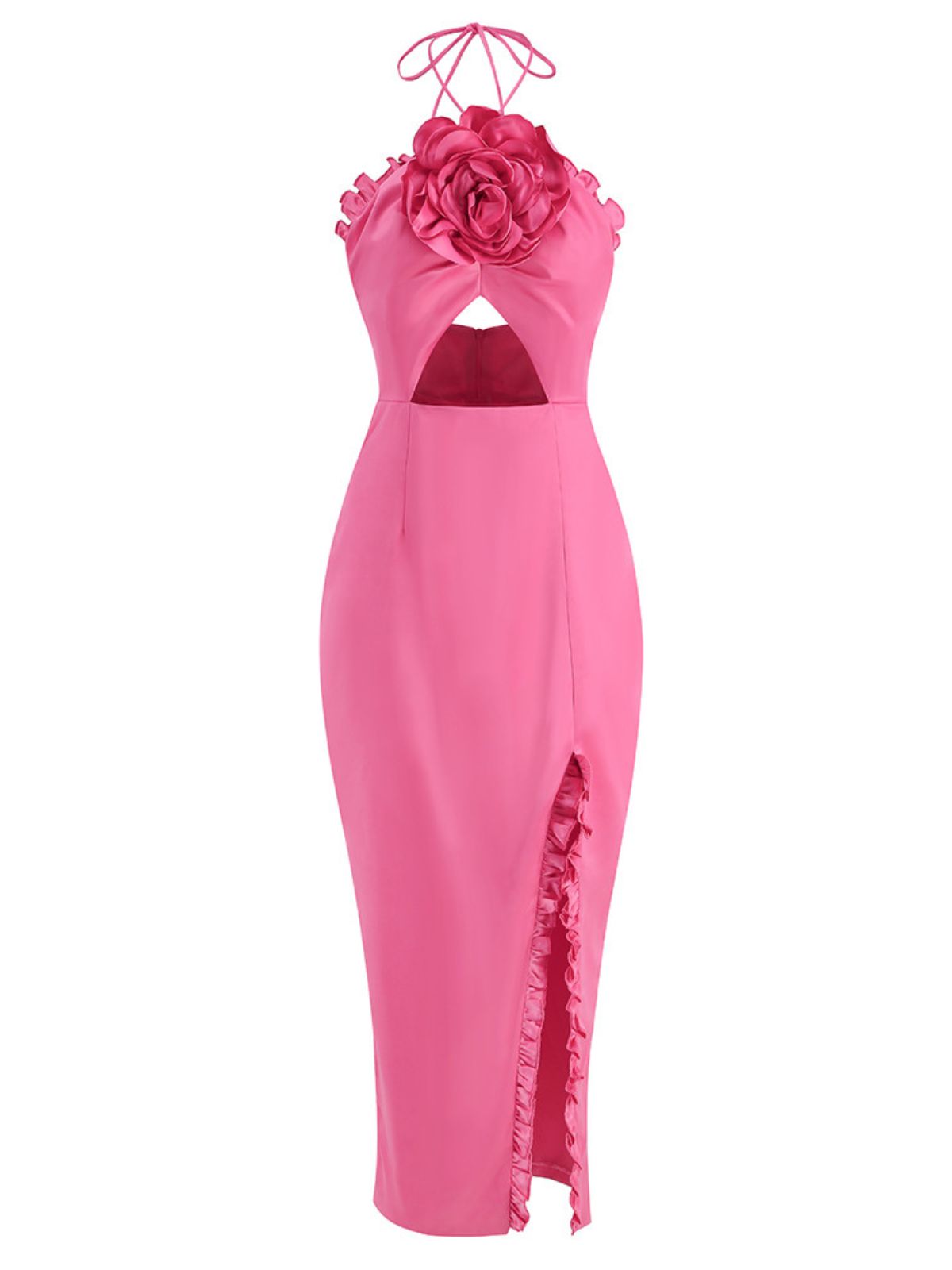 Roman Satin Flower Midi Dress In Hot Pink