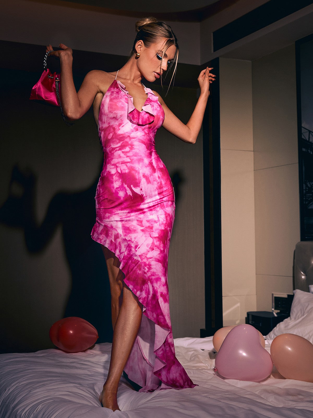 Runel Backless Floral Asymmetric Dress In Hot Pink