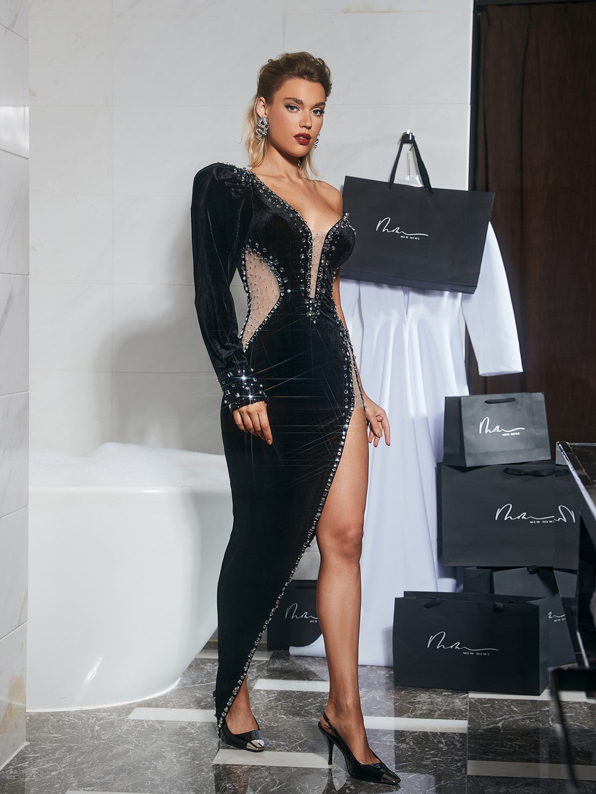 Sabine One Shoulder Embellished Velvet Dress