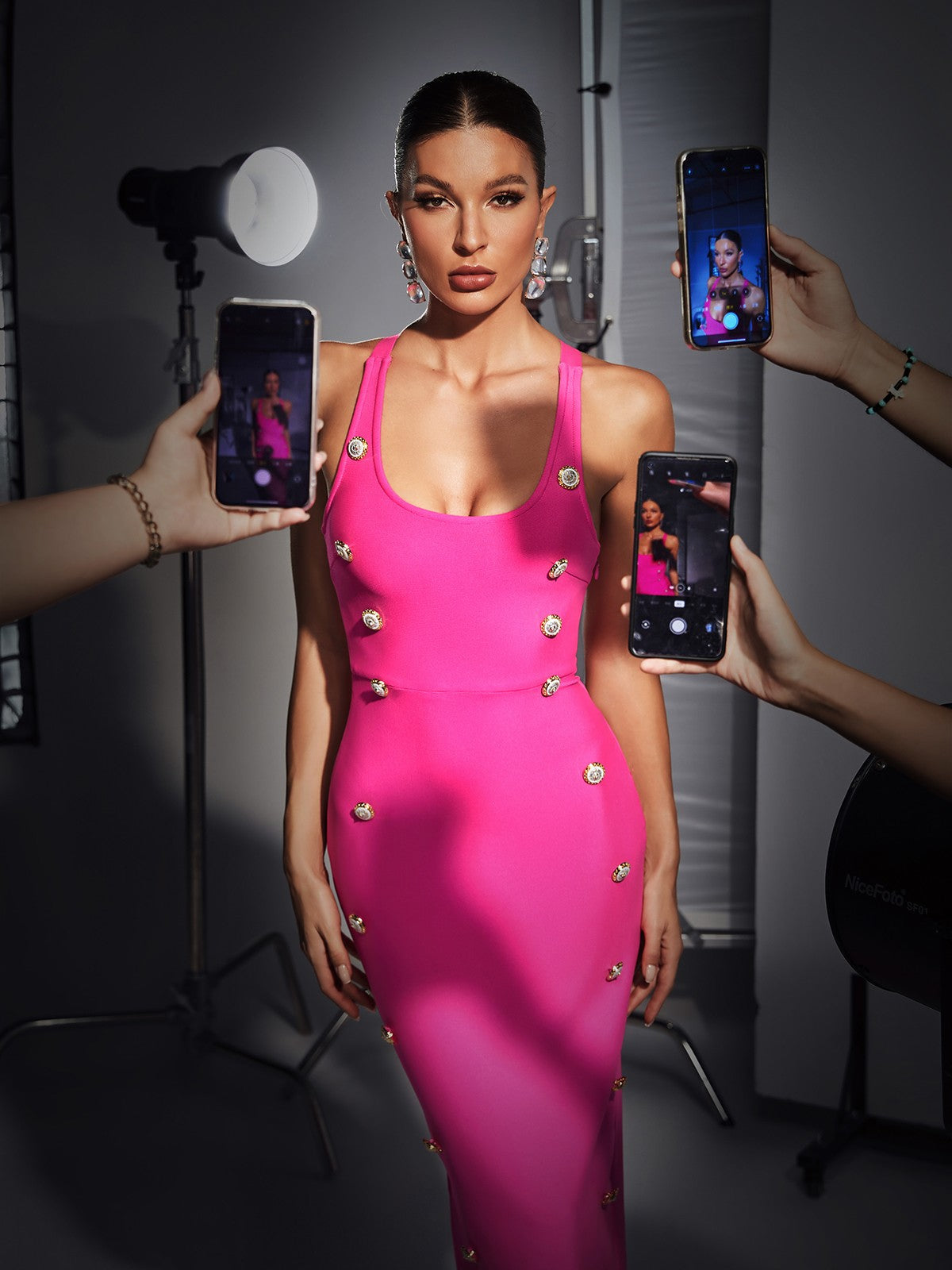 Sadie Button Embellished Bandage Dress In Hot Pink