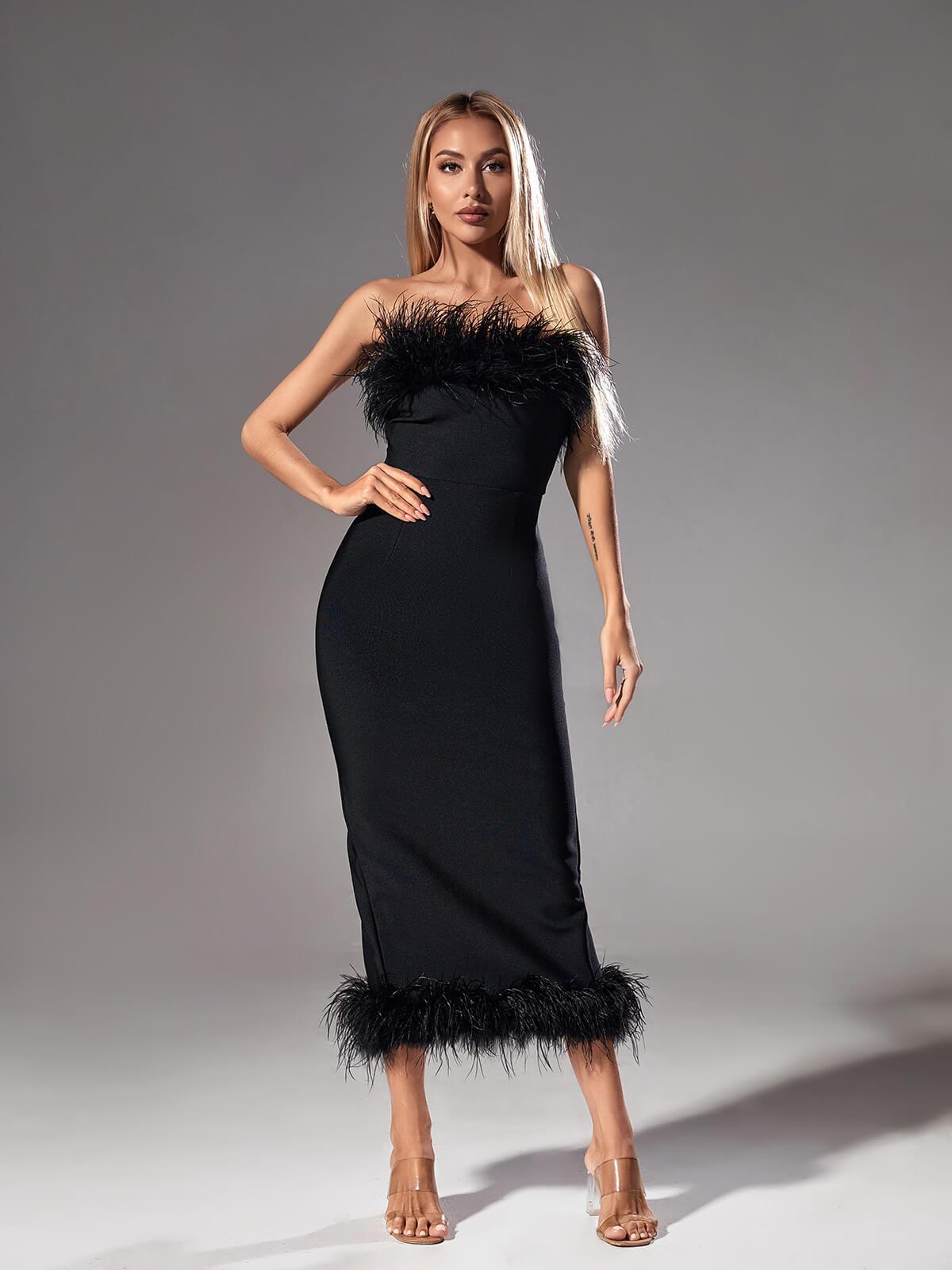 Salome Strapless Feather Trimmed Bandage Dress In Black - Mew Mews Fashion