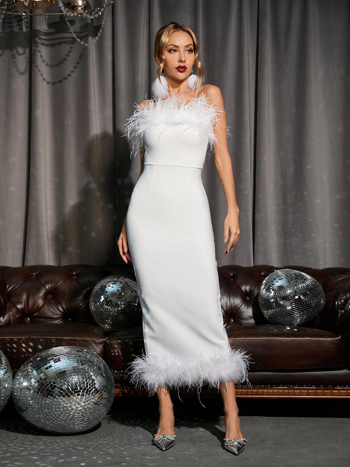 Salome Strapless Feather Trimmed Bandage Dress In White - Mew Mews Fashion