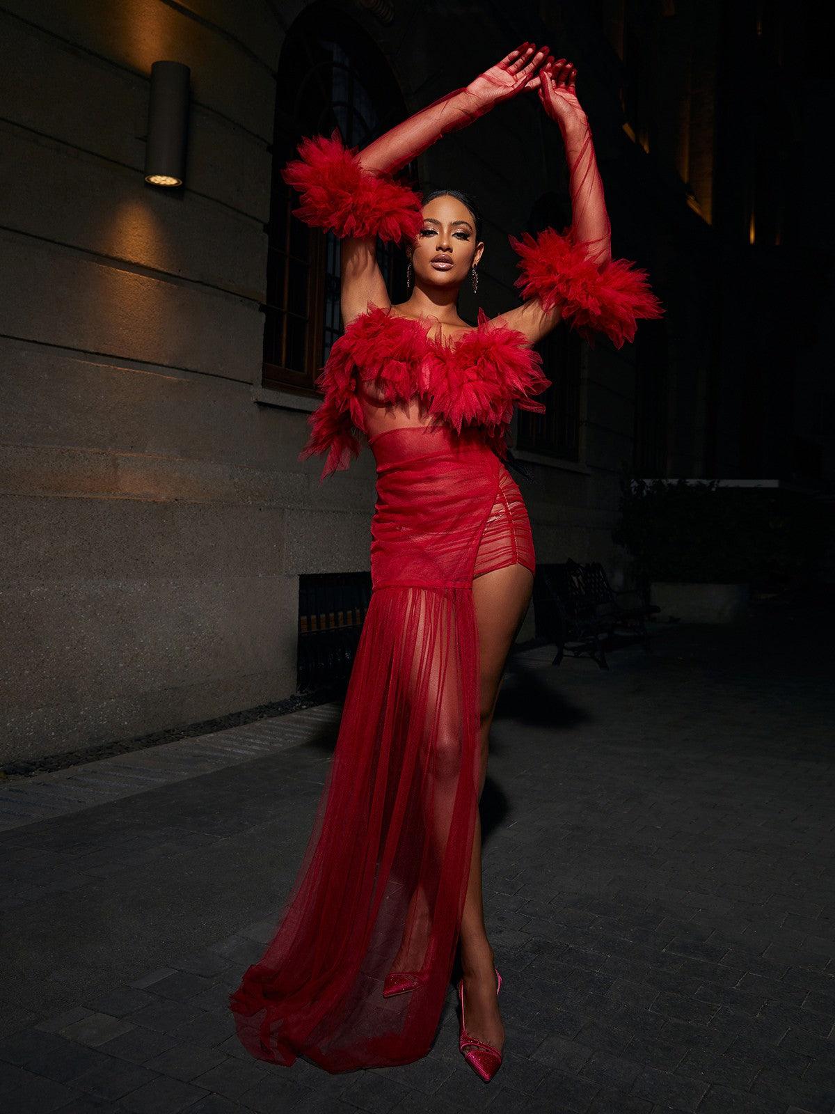 Satine Spaghetti Tulle Maxi Dress With Gloves - Mew Mews Fashion