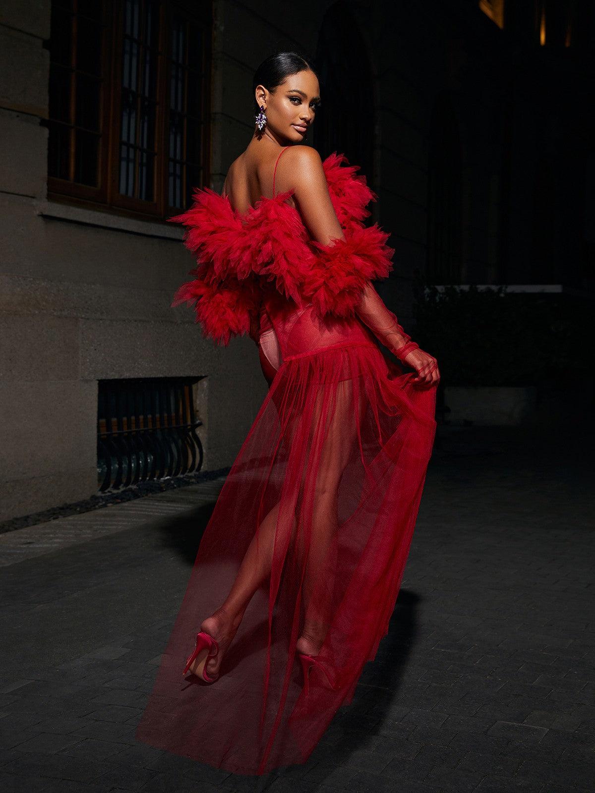 Satine Spaghetti Tulle Maxi Dress With Gloves - Mew Mews Fashion