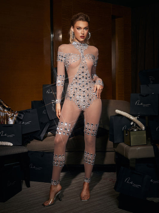 Shelby Rhinestone Embellished Mesh Jumpsuit