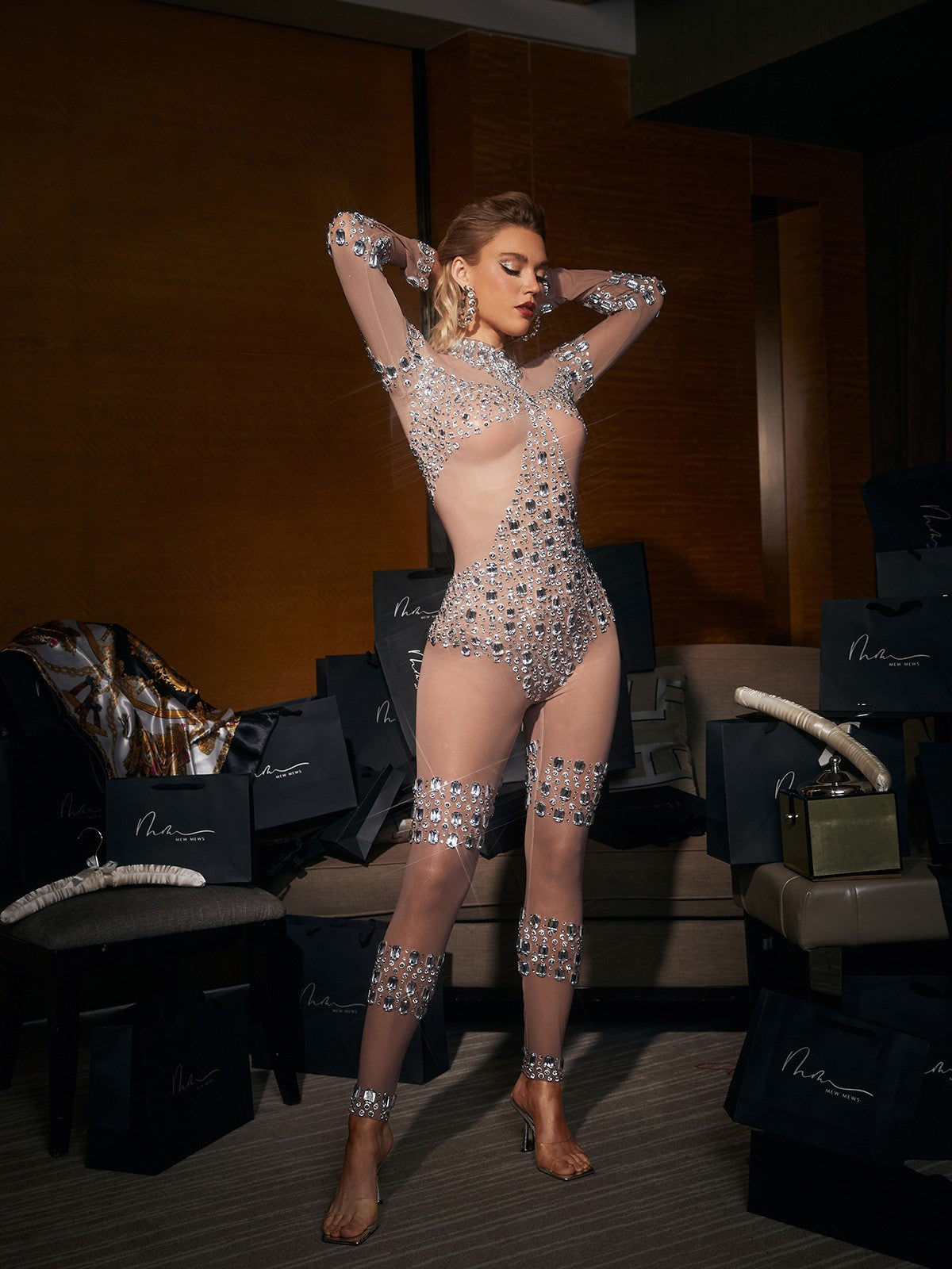 Shelby Rhinestone Embellished Mesh Jumpsuit