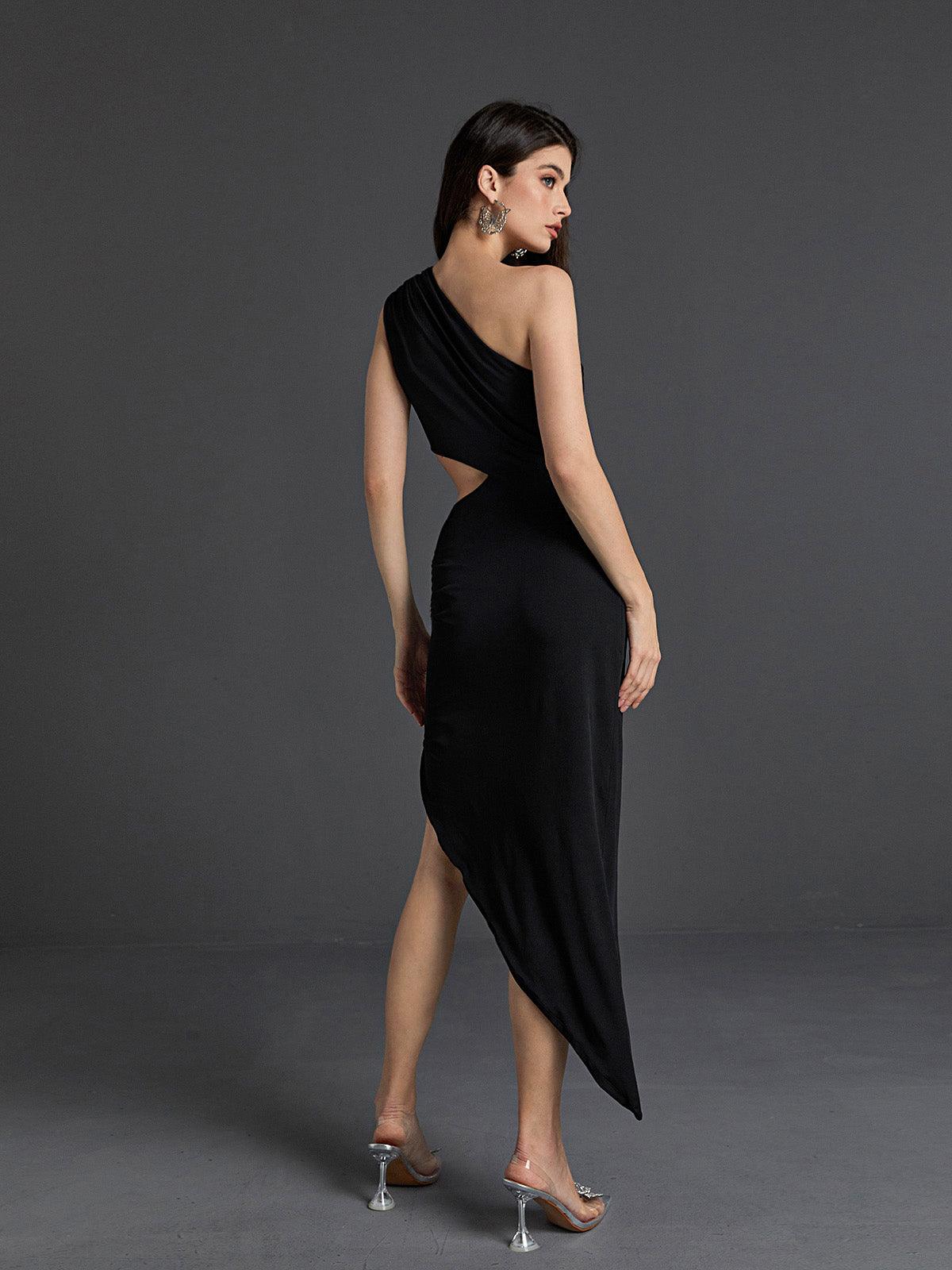 Shion One Shoulder Cutout Midi Dress In Black - Mew Mews Fashion