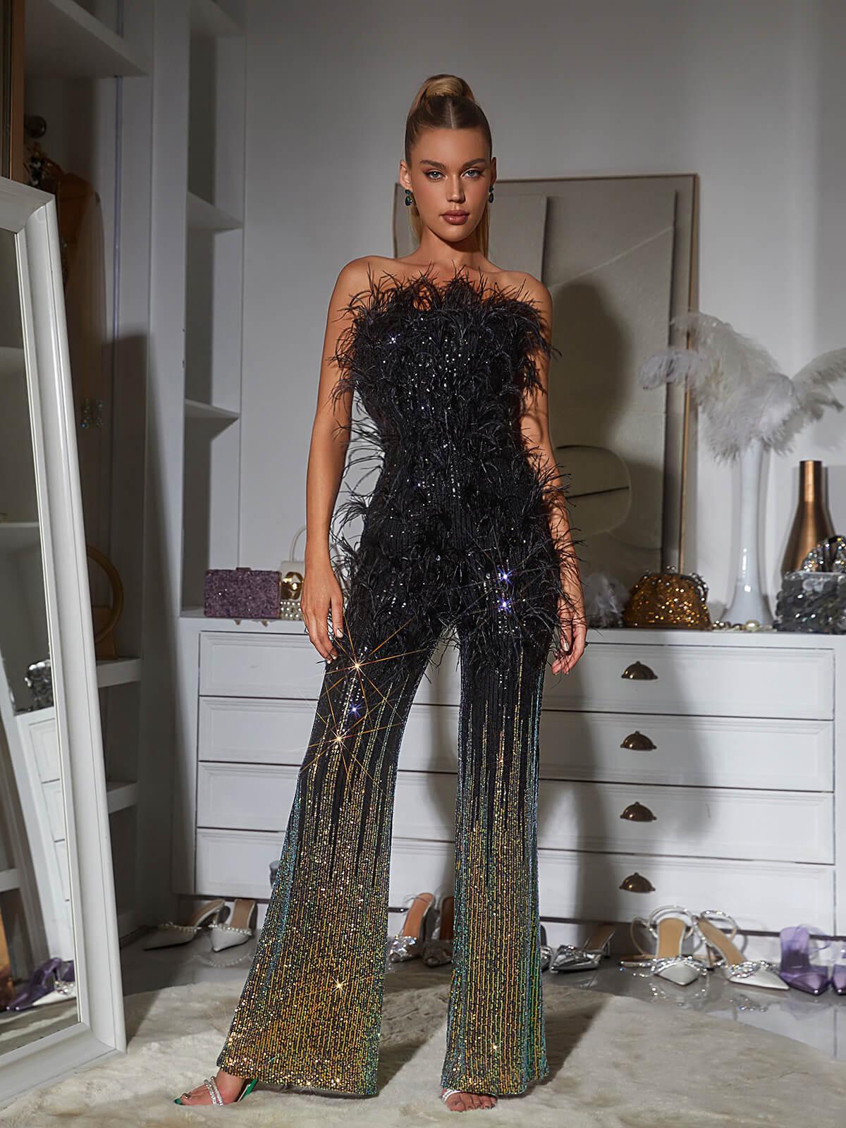 Shiva Ombre Feather Sequin Jumpsuit - Mew Mews Fashion
