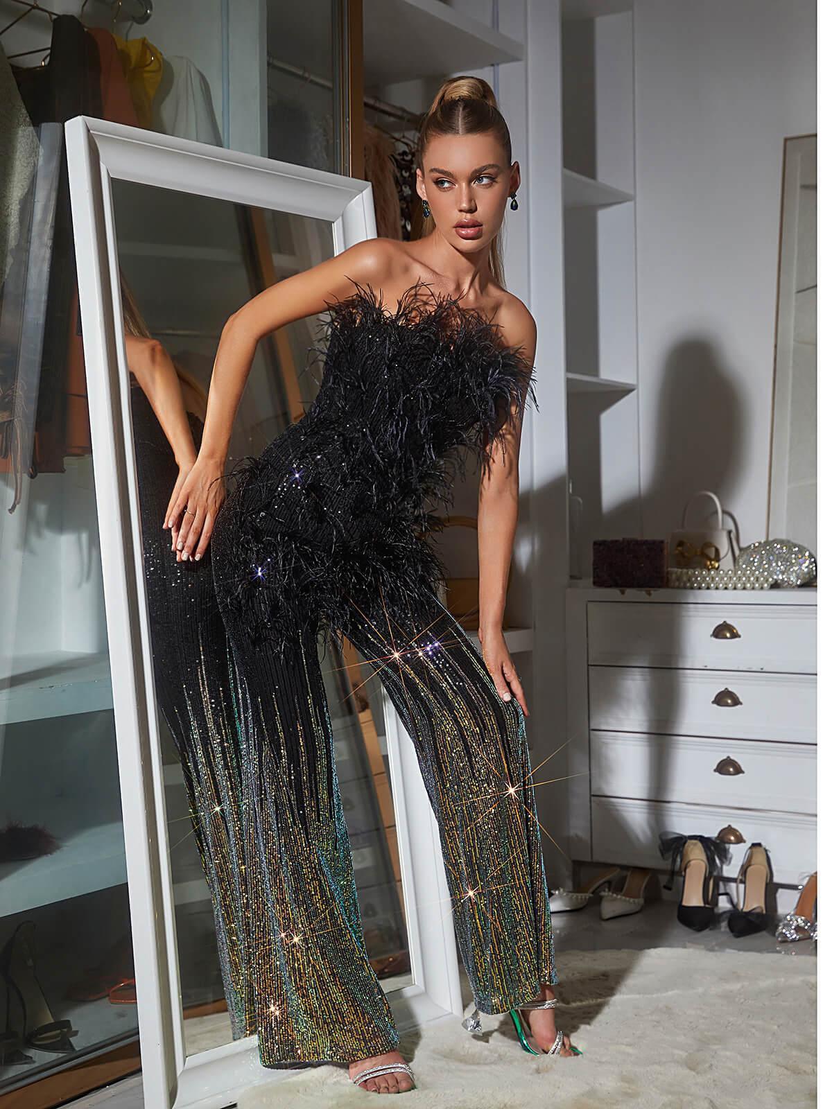 Shiva Ombre Feather Sequin Jumpsuit - Mew Mews Fashion
