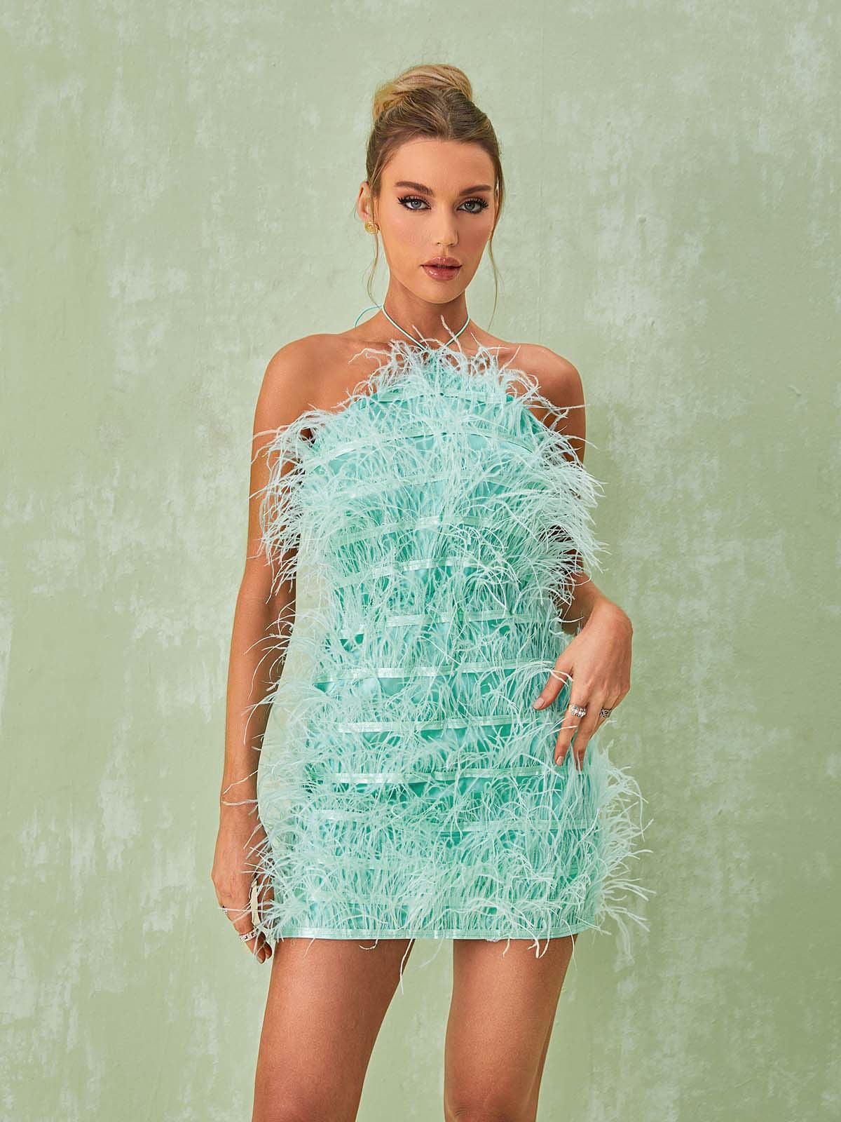 Shreya Feather Mini Dress In Mint - Mew Mews Fashion