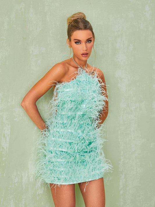 Shreya Feather Mini Dress In Mint - Mew Mews Fashion