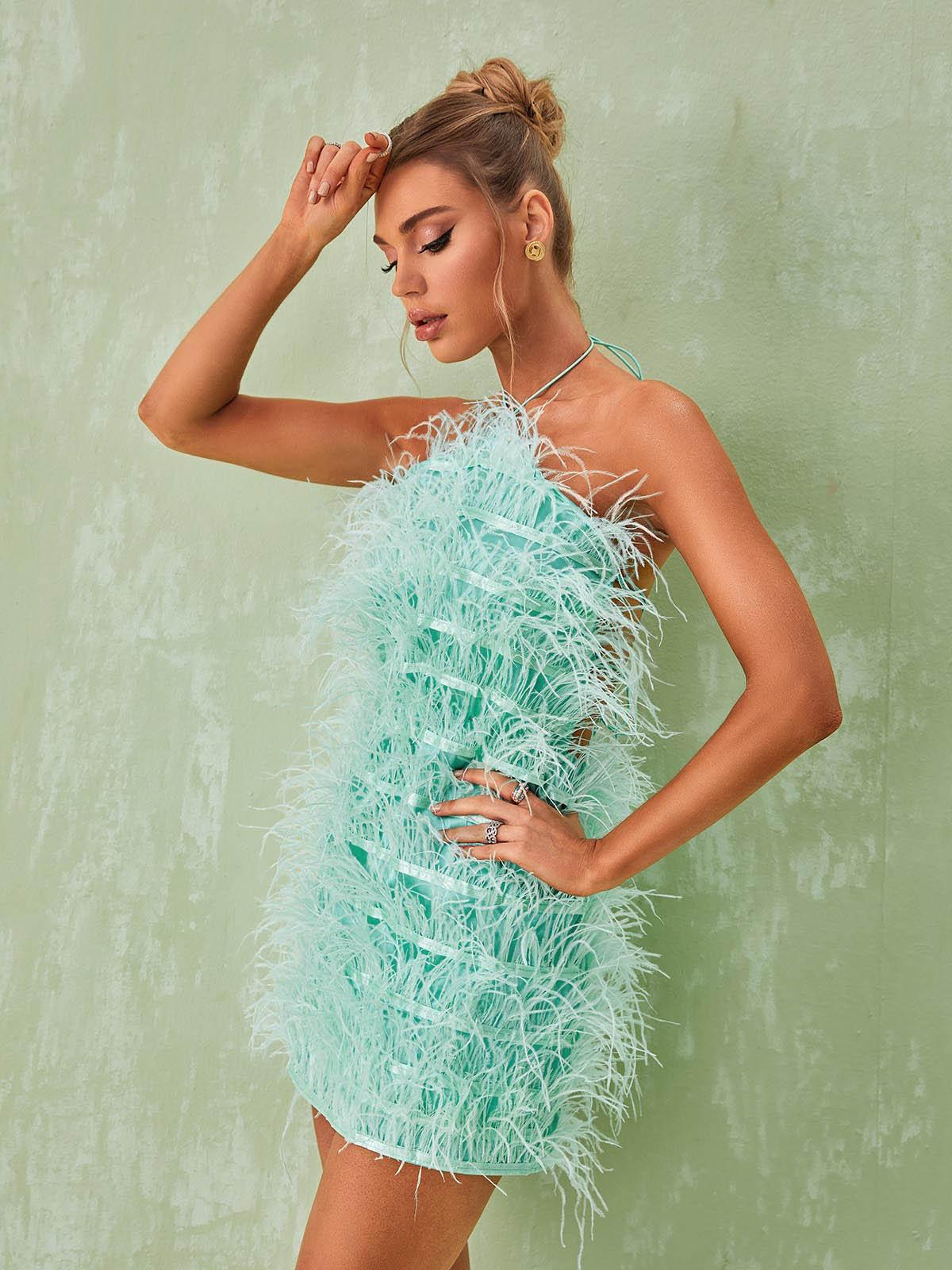 Shreya Feather Mini Dress In Mint - Mew Mews Fashion