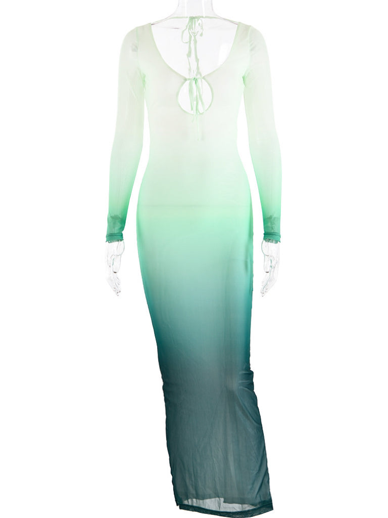Sian Lace Up Gradient Midi Dress In Green