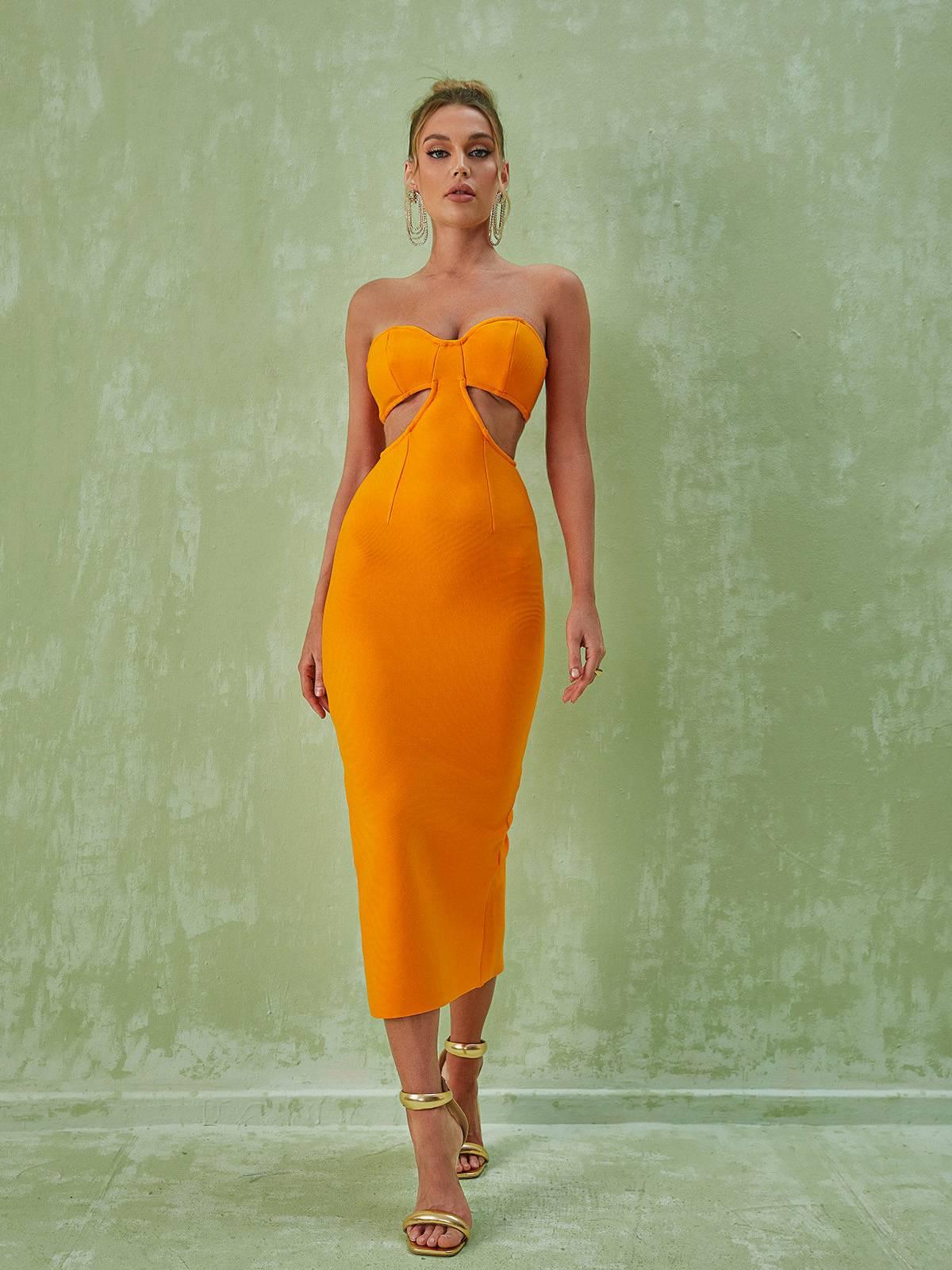 Sinead Strapless Cutout Bandage Dress In Orange - Mew Mews Fashion