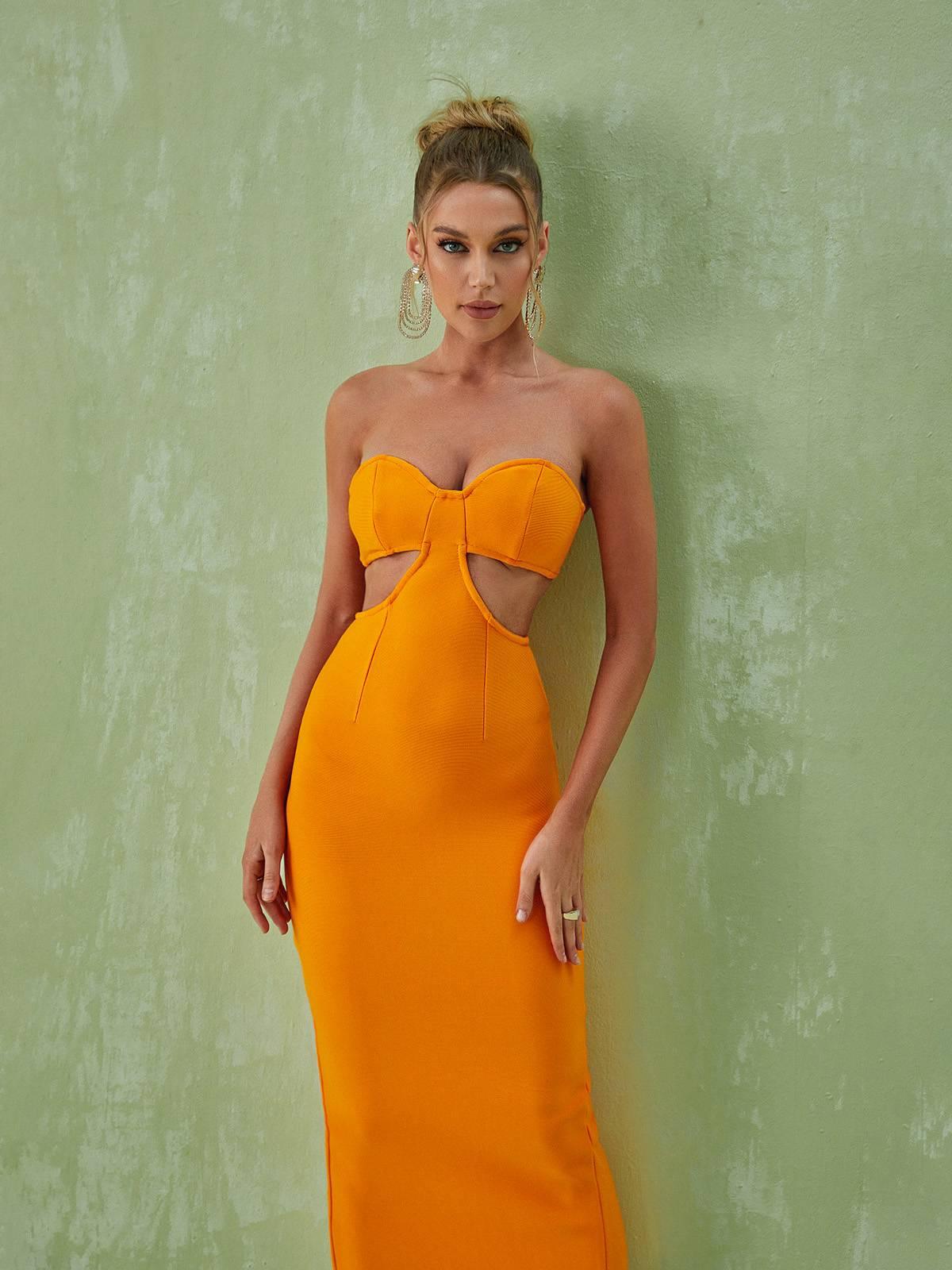 Sinead Strapless Cutout Bandage Dress In Orange - Mew Mews Fashion