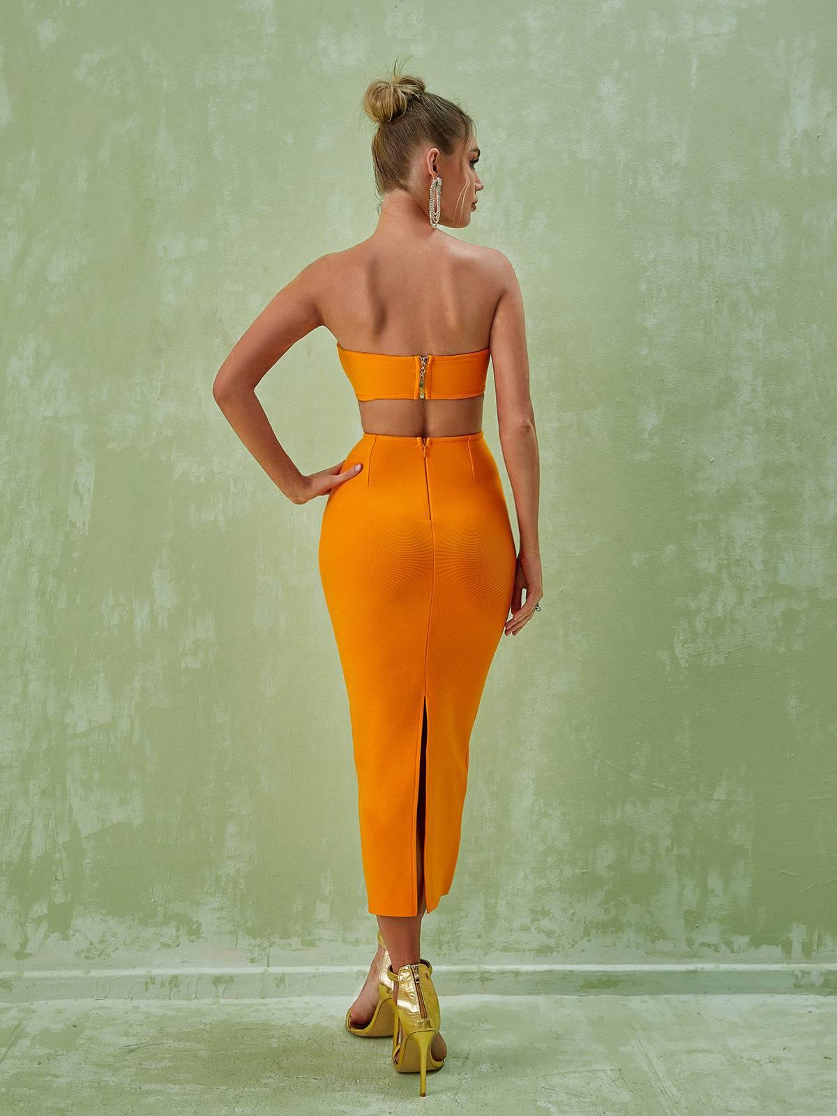 Sinead Strapless Cutout Bandage Dress In Orange - Mew Mews Fashion