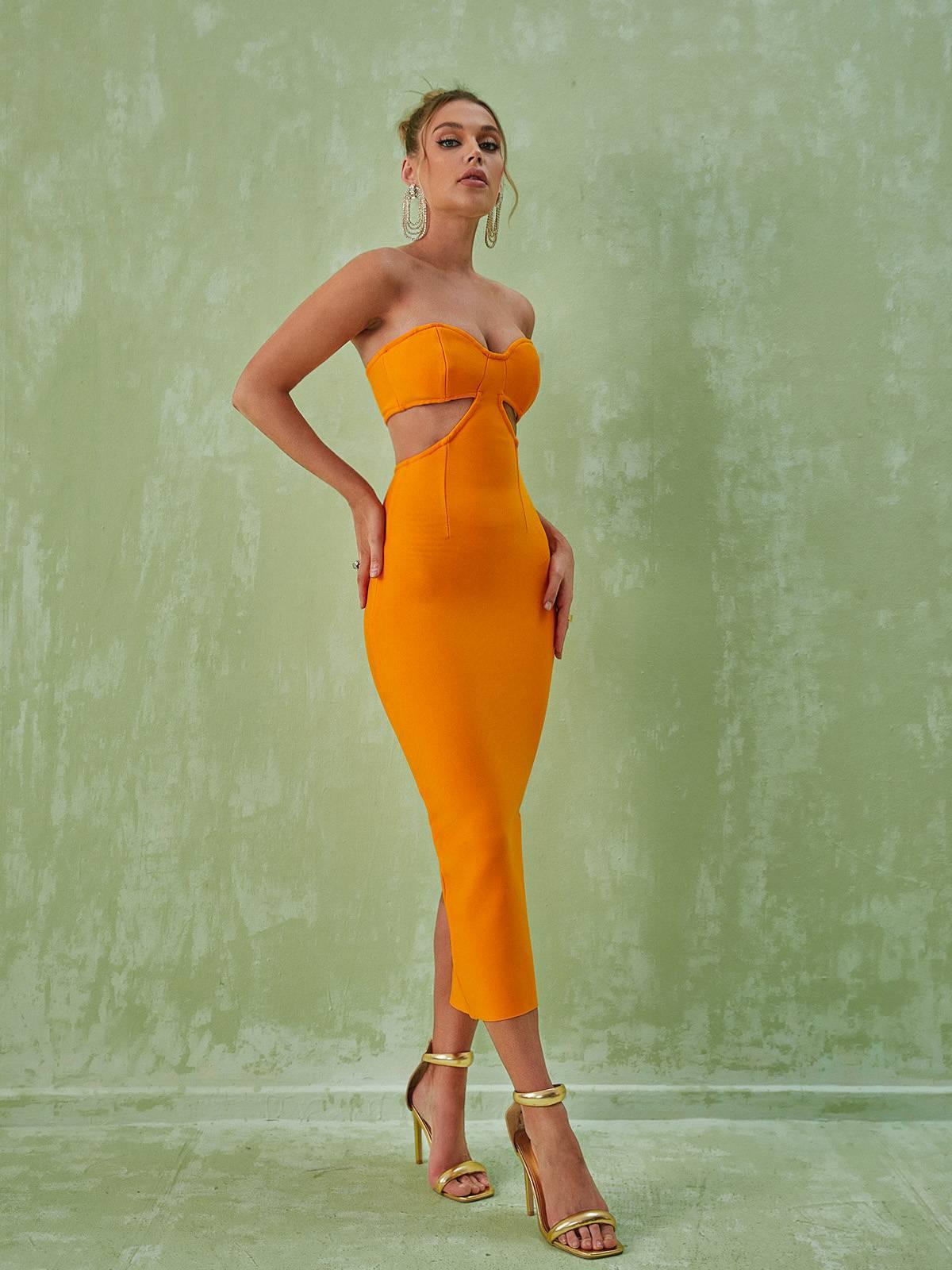 Sinead Strapless Cutout Bandage Dress In Orange - Mew Mews Fashion