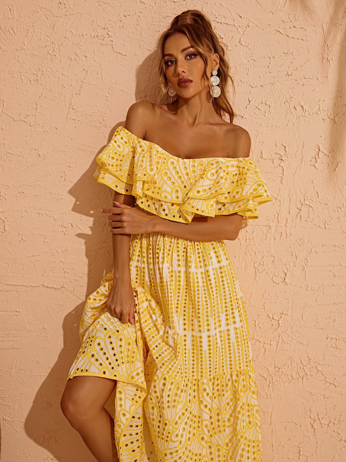 Soleil Off Shoulder Hollow Maxi Dress In Yellow - Mew Mews Fashion