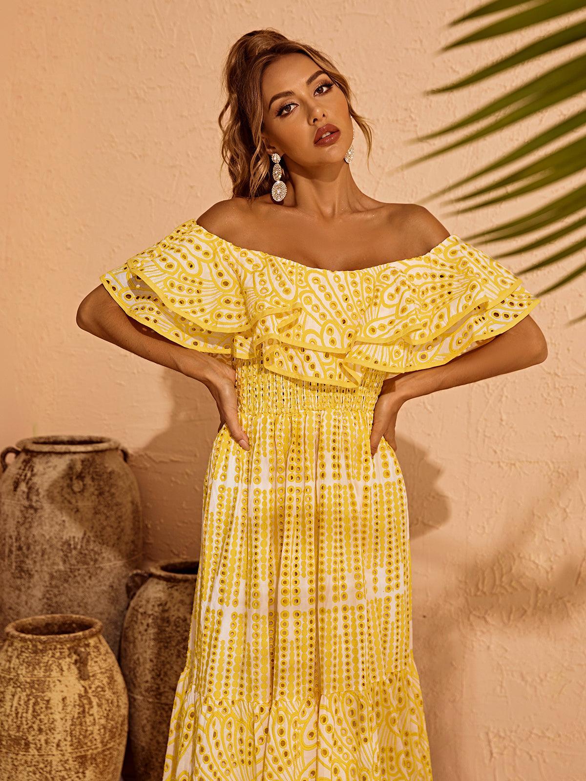 Soleil Off Shoulder Hollow Maxi Dress In Yellow - Mew Mews Fashion
