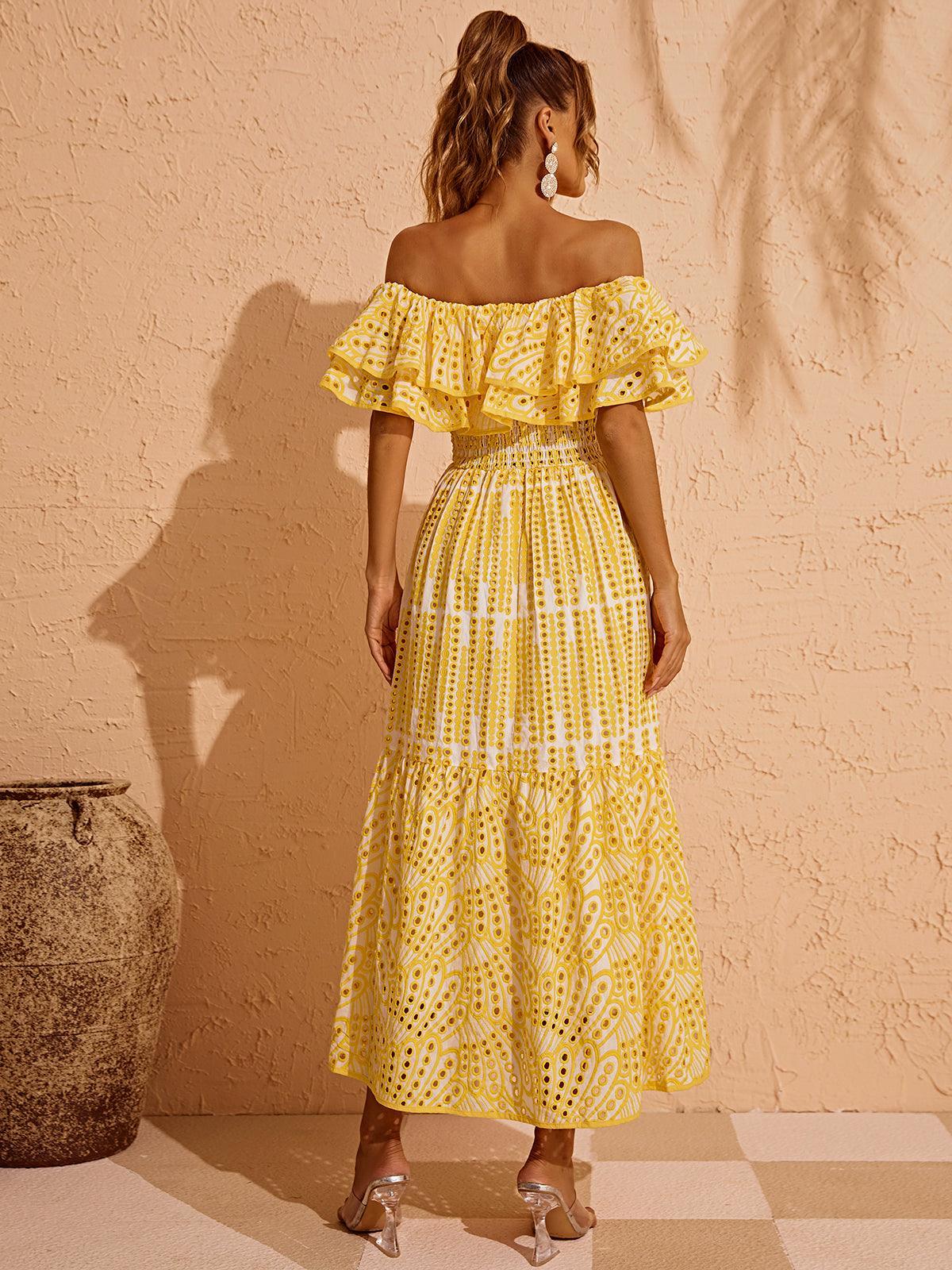 Soleil Off Shoulder Hollow Maxi Dress In Yellow - Mew Mews Fashion