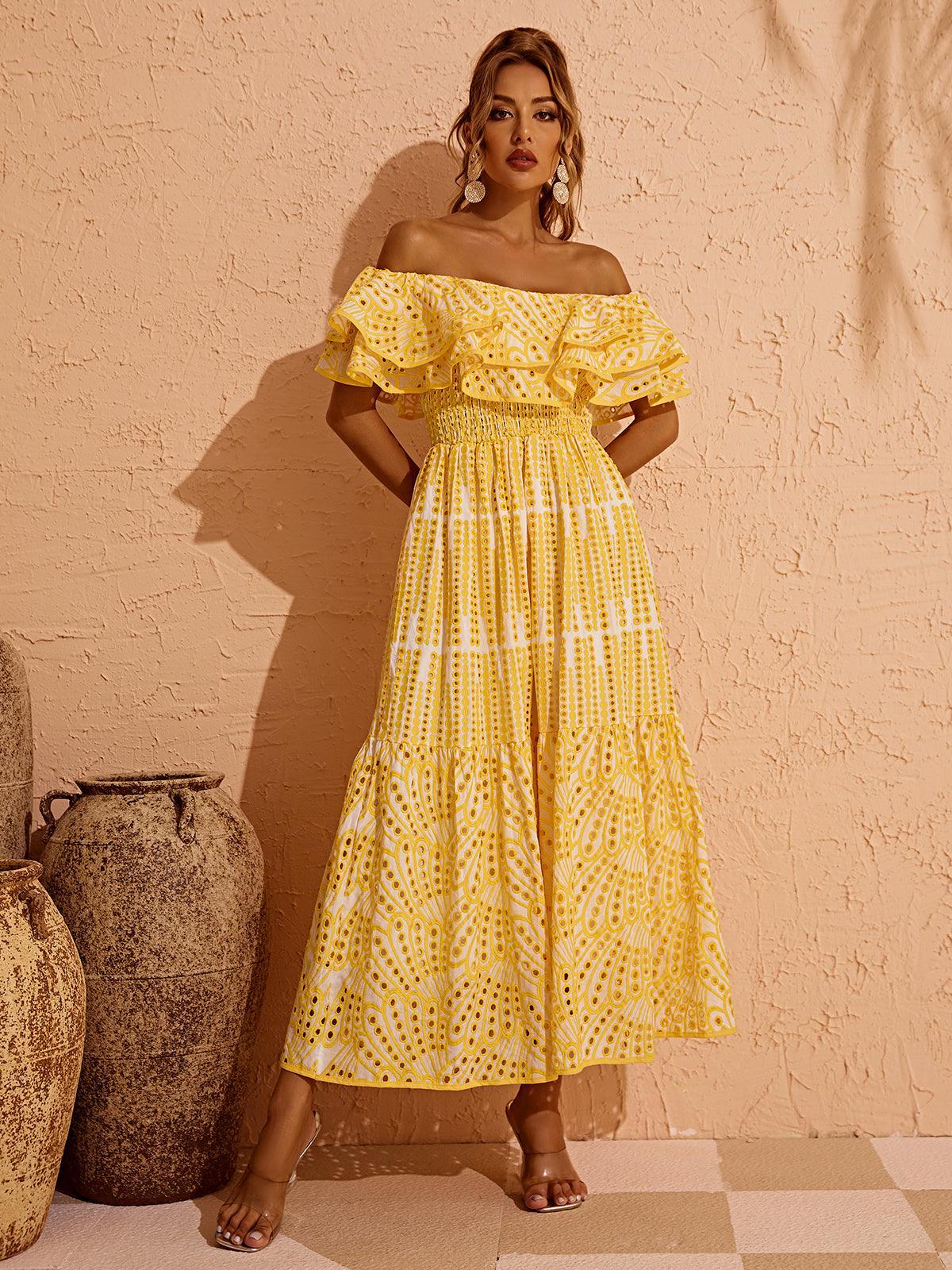 Soleil Off Shoulder Hollow Maxi Dress In Yellow - Mew Mews Fashion
