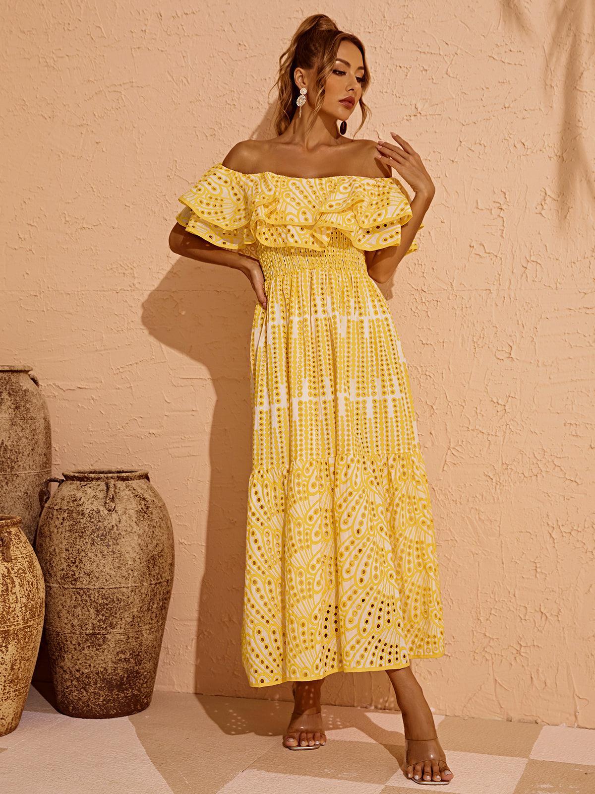Soleil Off Shoulder Hollow Maxi Dress In Yellow - Mew Mews Fashion