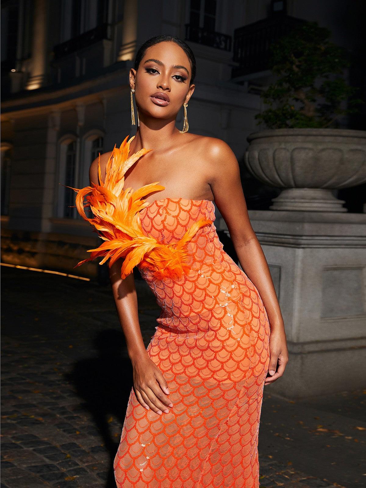 Sookie Strapless Feather Sequin Maxi Dress - Mew Mews Fashion
