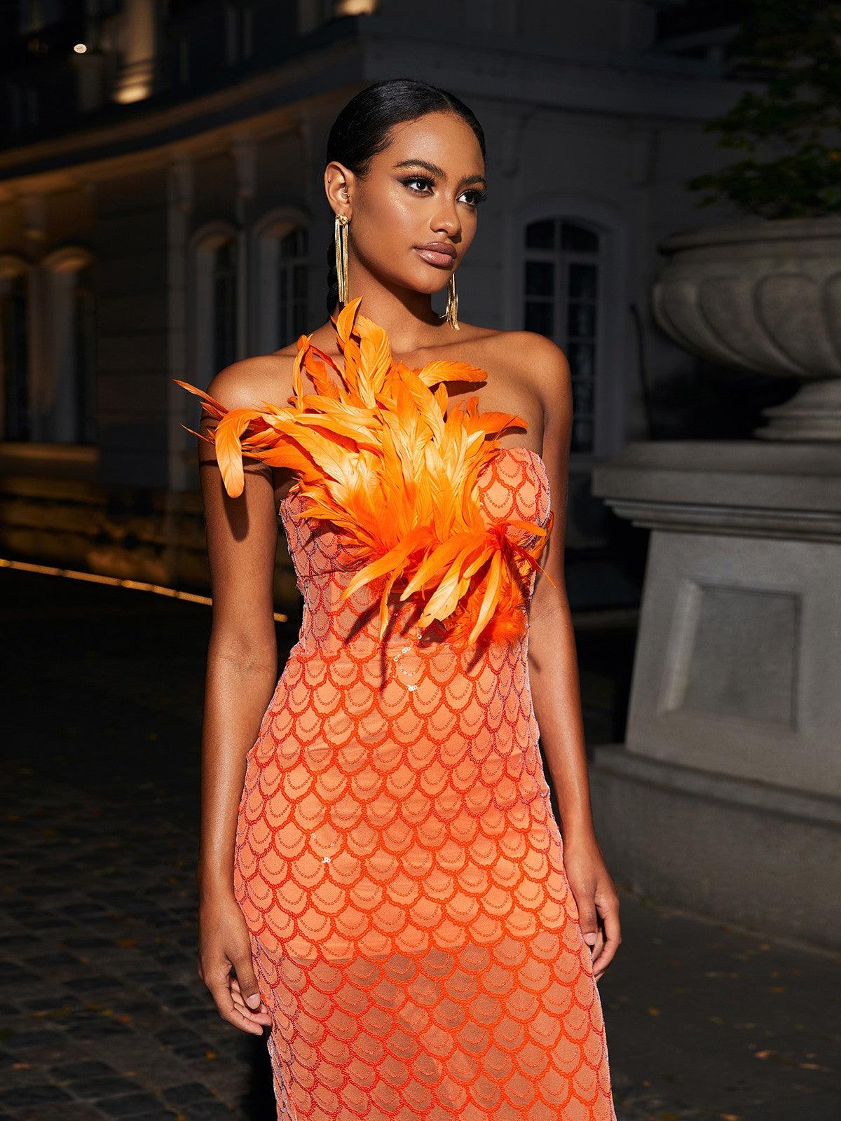 Sookie Strapless Feather Sequin Maxi Dress - Mew Mews Fashion