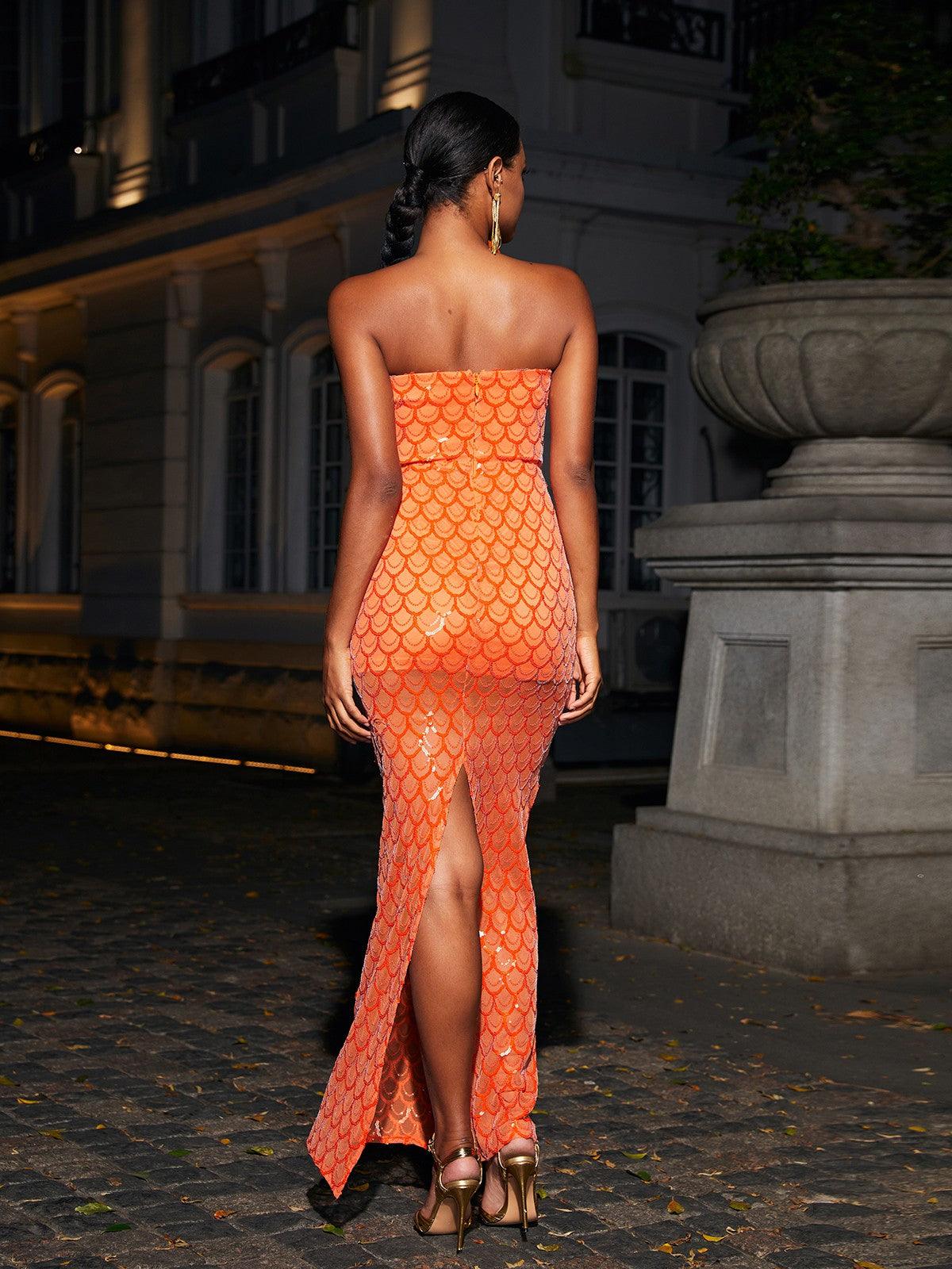 Sookie Strapless Feather Sequin Maxi Dress - Mew Mews Fashion