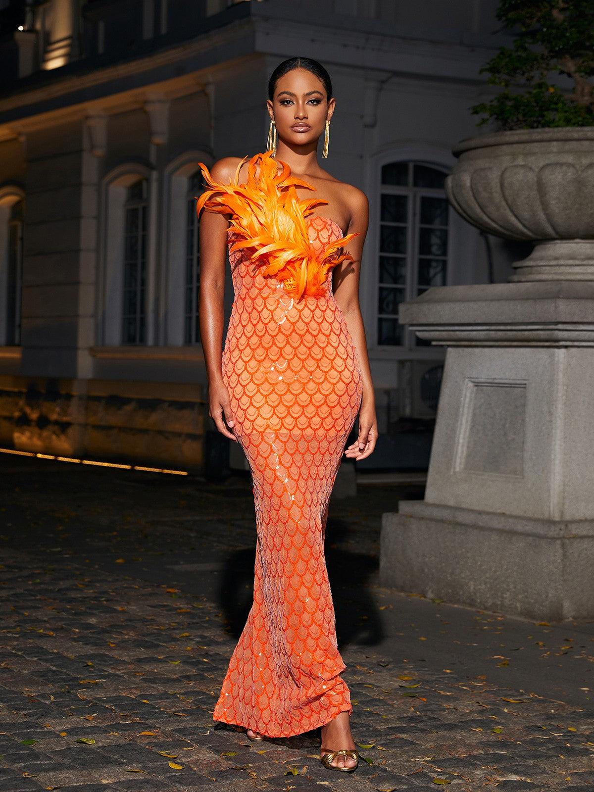 Sookie Strapless Feather Sequin Maxi Dress - Mew Mews Fashion