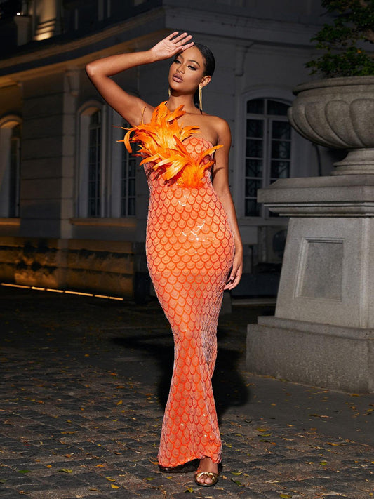 Sookie Strapless Feather Sequin Maxi Dress - Mew Mews Fashion