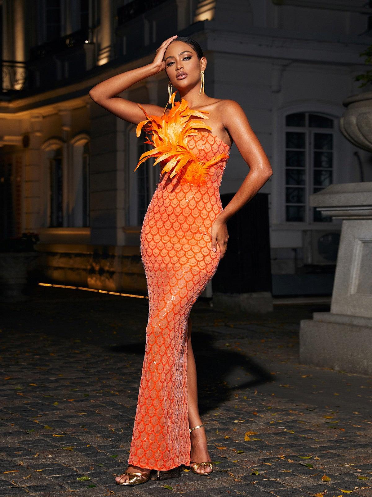 Sookie Strapless Feather Sequin Maxi Dress - Mew Mews Fashion