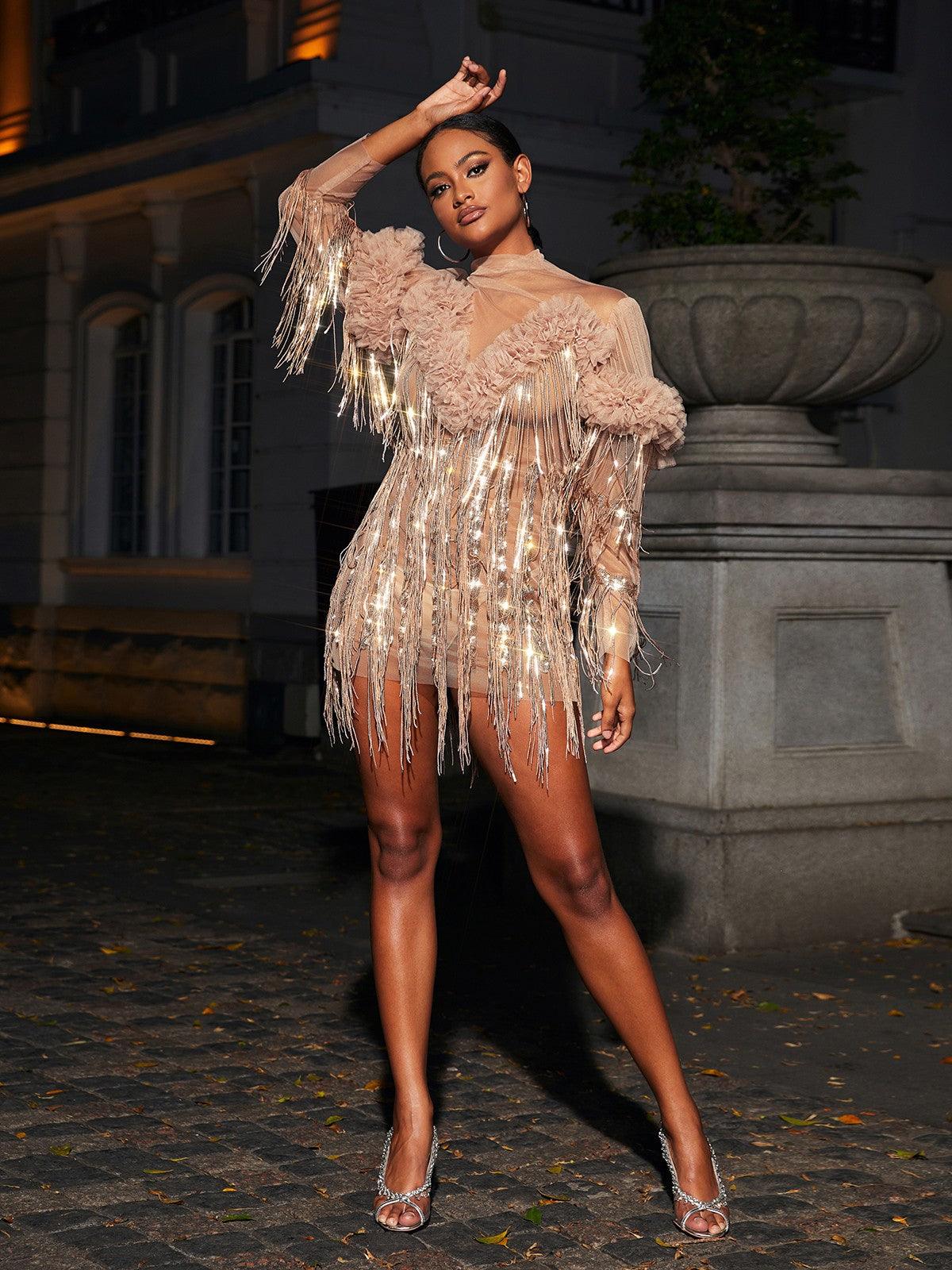 Sparrow Sequin Fringe Mini Dress In Champagne - Mew Mews Fashion