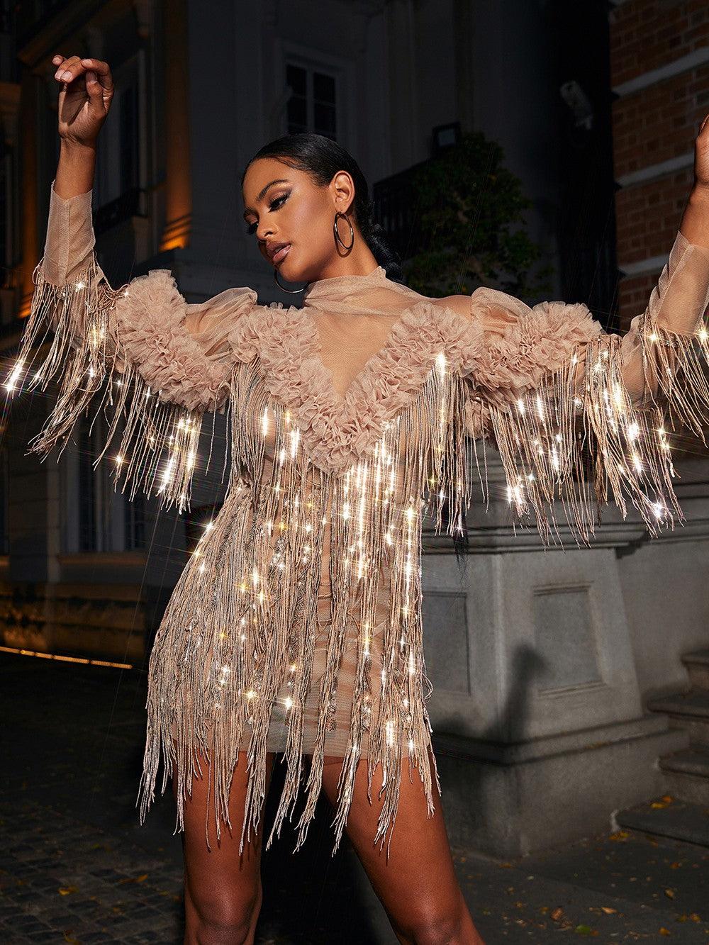 Sparrow Sequin Fringe Mini Dress In Champagne - Mew Mews Fashion