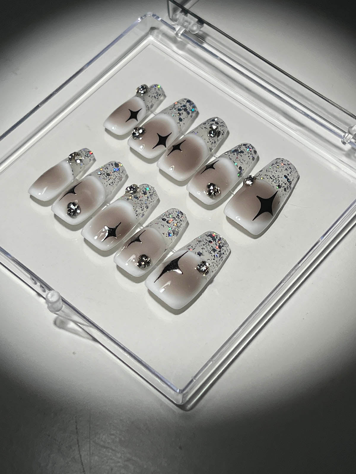 Star Coffin Glitter French Handmade Press On Nails
