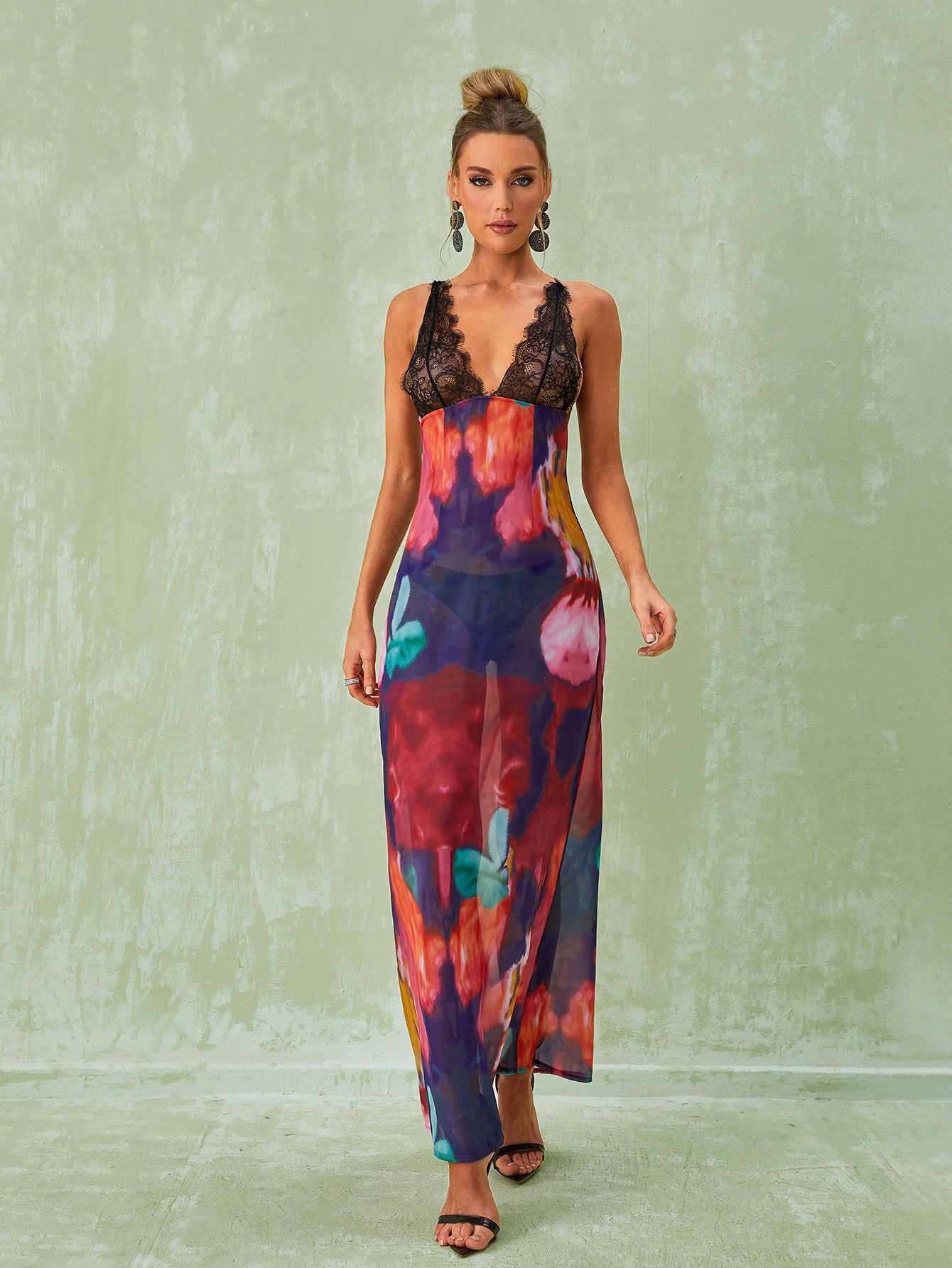 Svea Lace Floral Printed Maxi Dress In Red