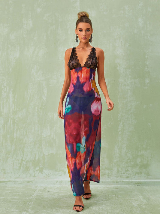 Svea Lace Floral Printed Maxi Dress In Red